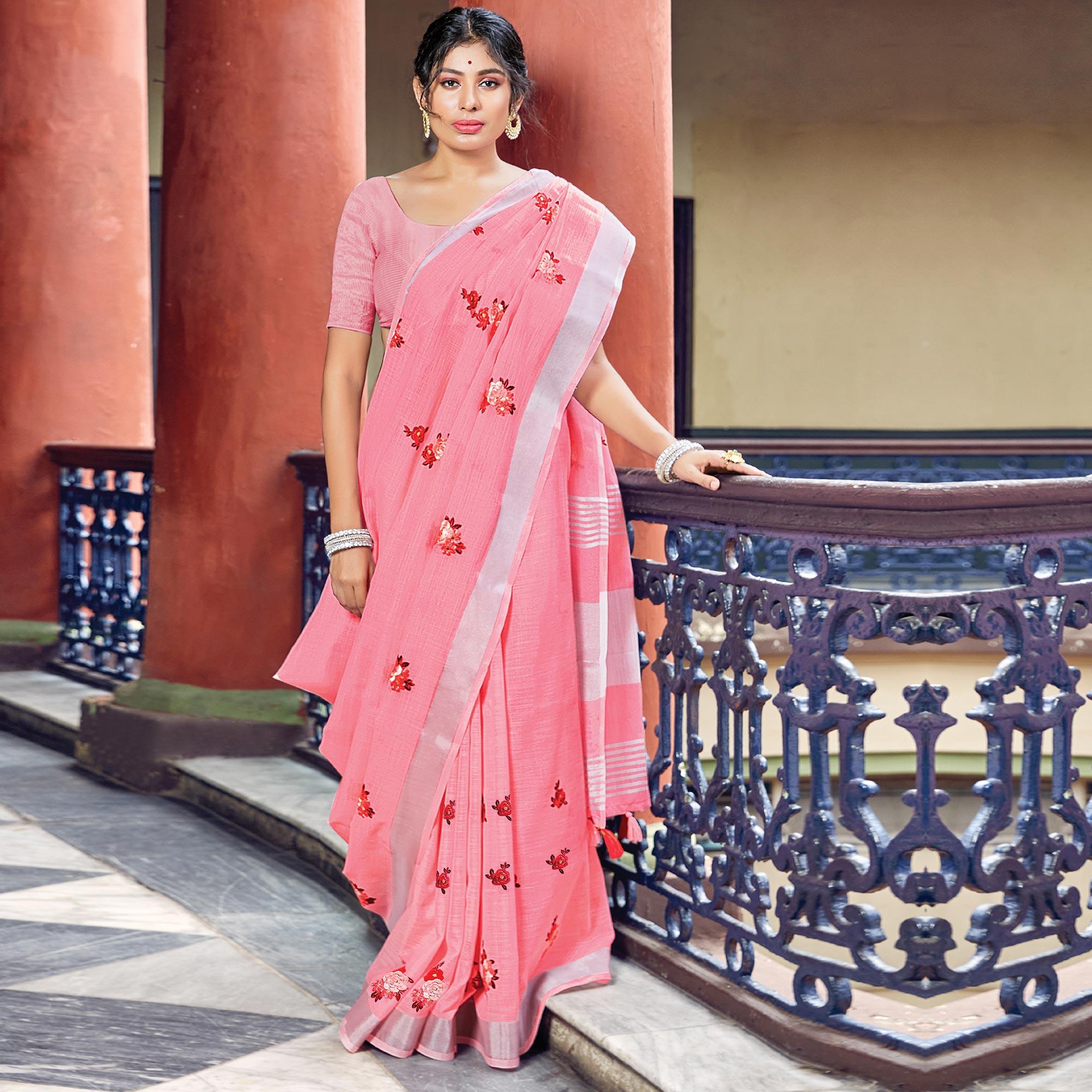 Pink Festive Wear Printed Linen Saree - Peachmode