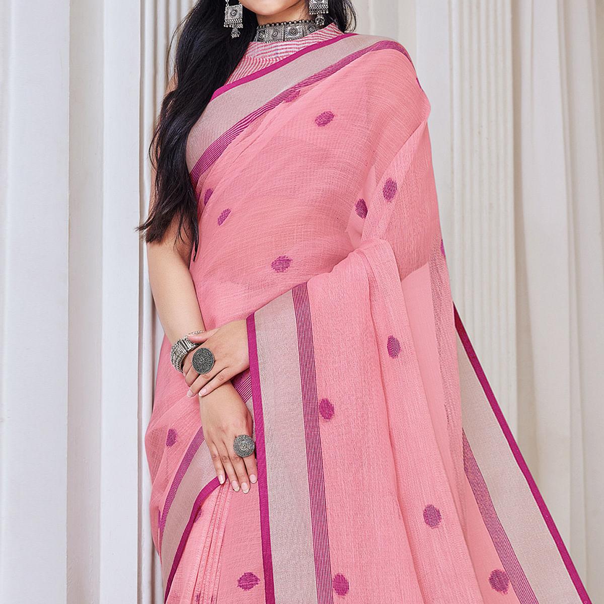 Pink Festive Wear Printed Linen Saree - Peachmode