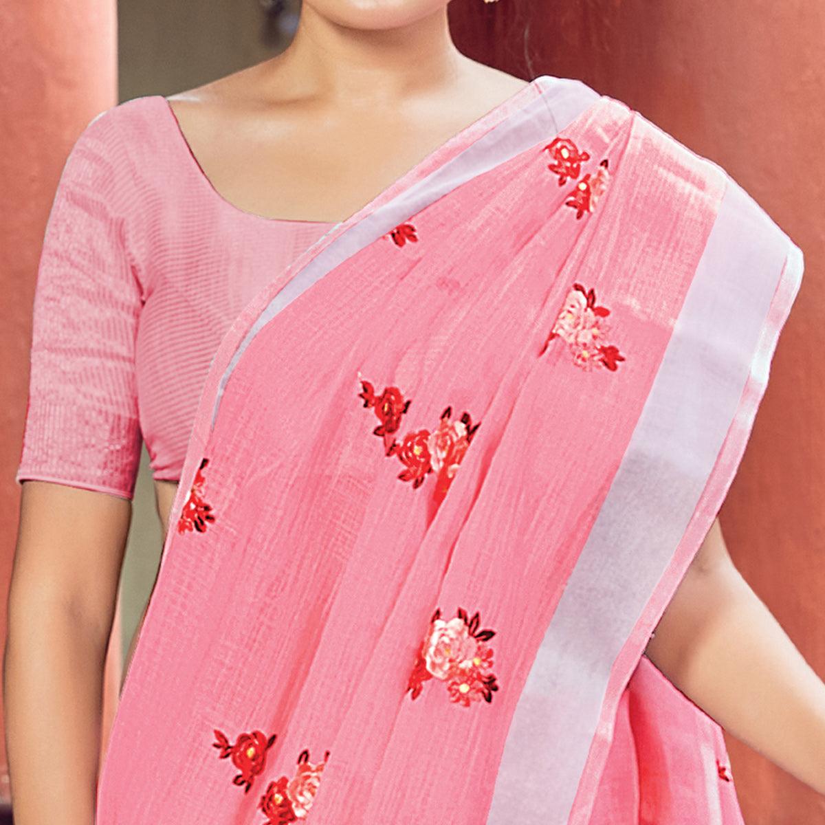 Pink Festive Wear Printed Linen Saree - Peachmode