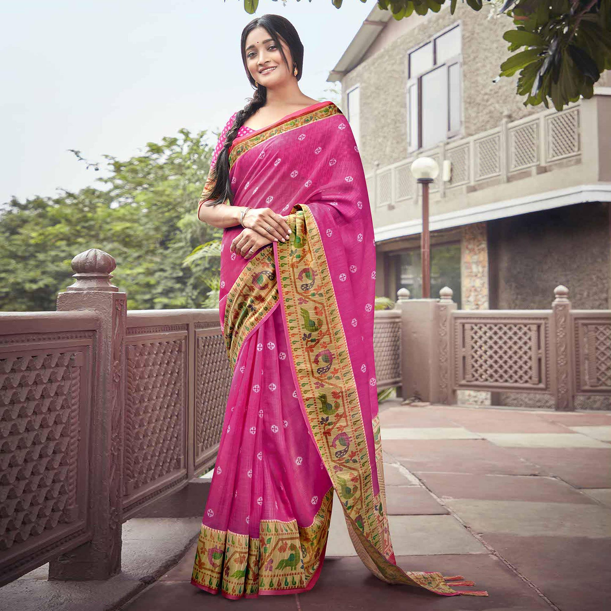 Pink Festive Wear Printed Linen Saree With Border - Peachmode