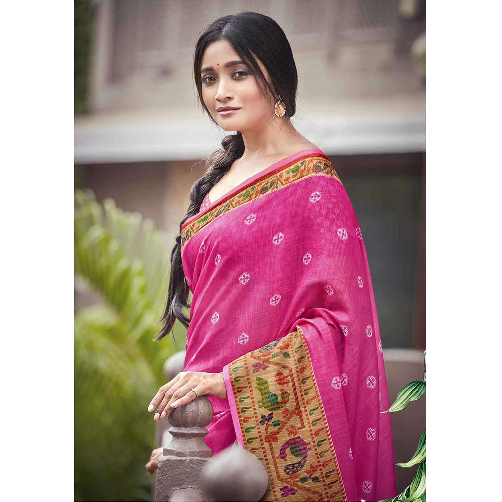 Pink Festive Wear Printed Linen Saree With Border - Peachmode
