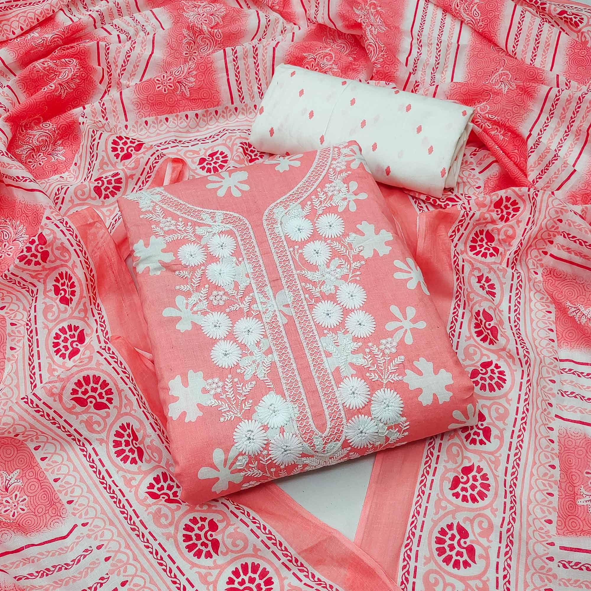 Pink Festive Wear Printed With Embroidered Cotton Dress Material - Peachmode