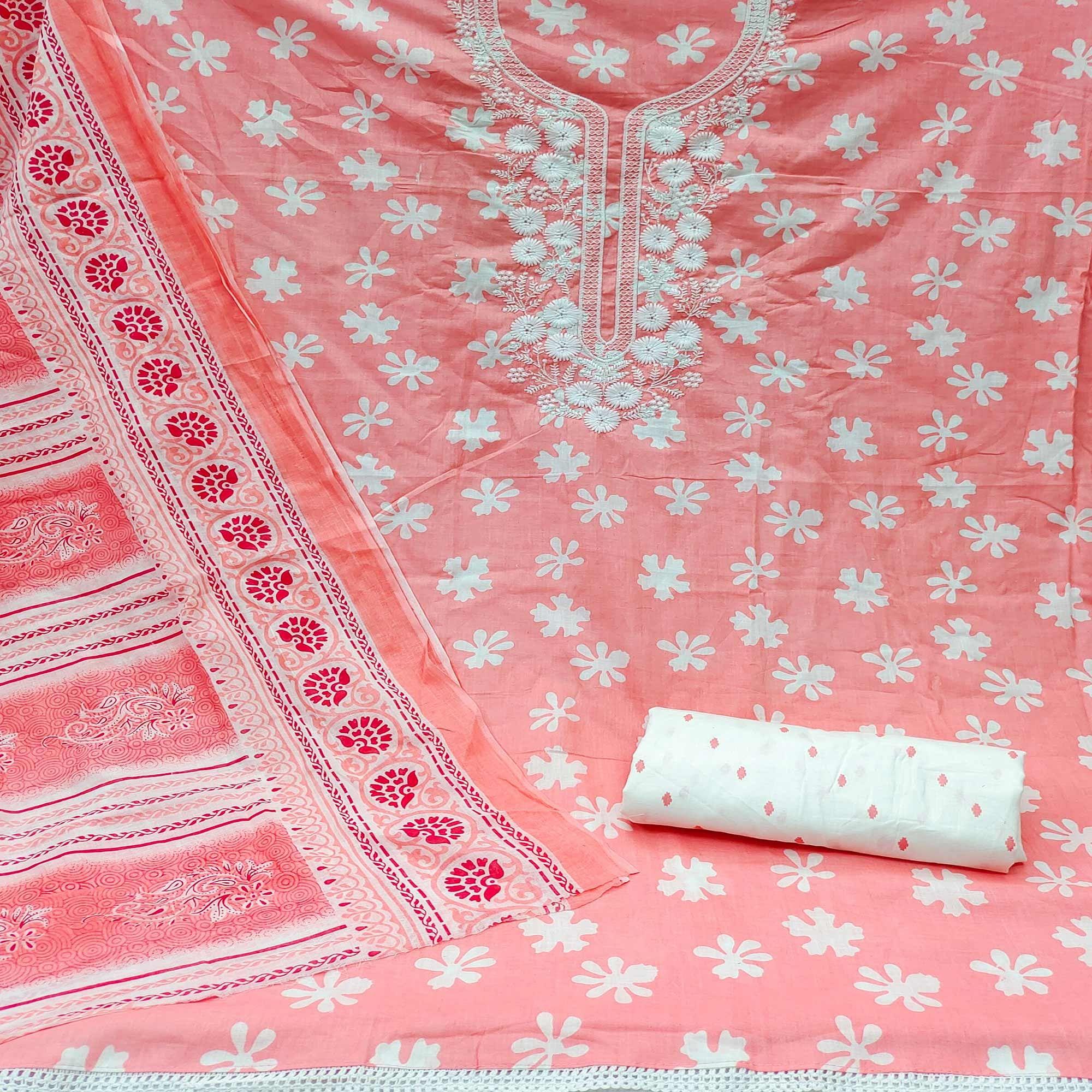 Pink Festive Wear Printed With Embroidered Cotton Dress Material - Peachmode