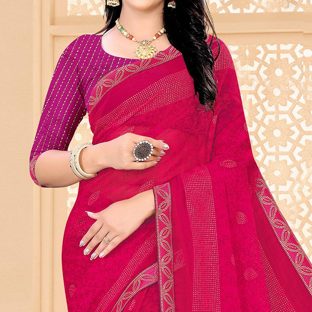 Pink Festive Wear Printed With Lace Work Chiffon Designer Saree - Peachmode