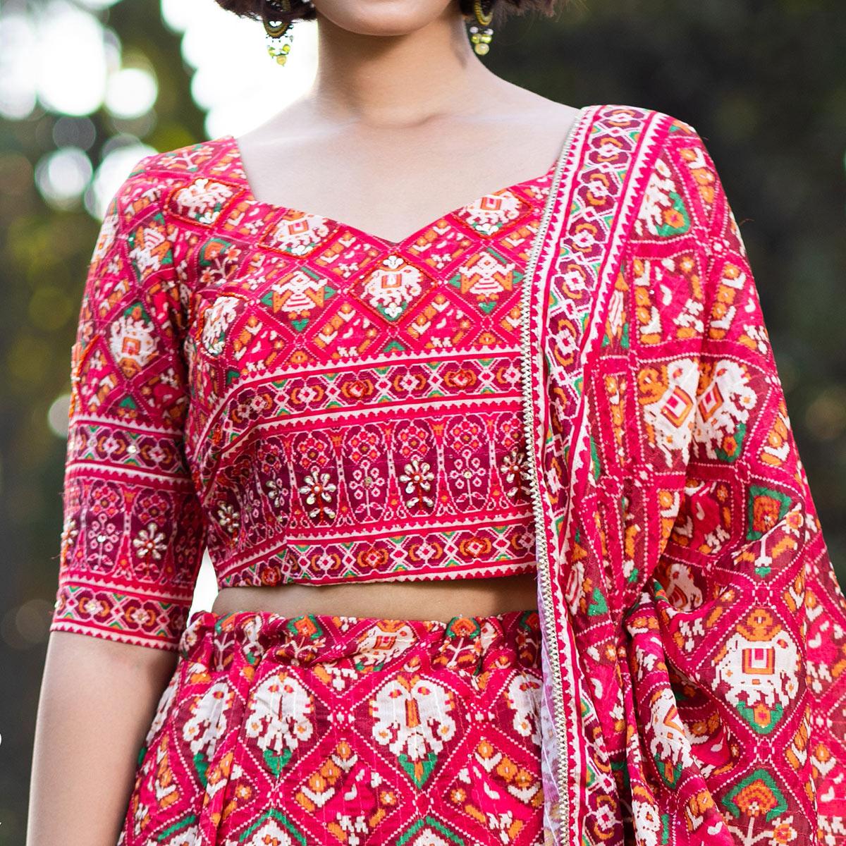 Pink Festive Wear Printed With Sequence Muslin Lehenga Choli - Peachmode