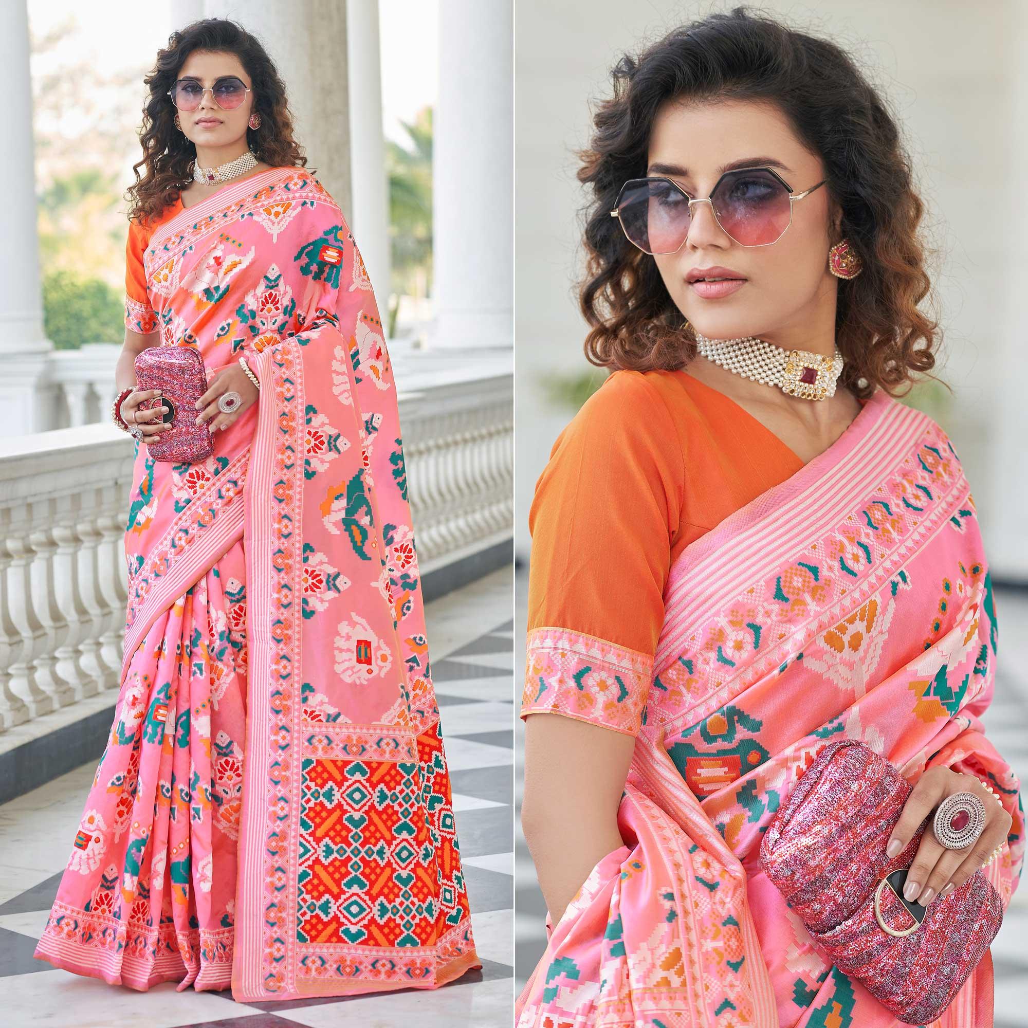 Pink Festive Wear Printed With Weaving Patola Silk Saree - Peachmode