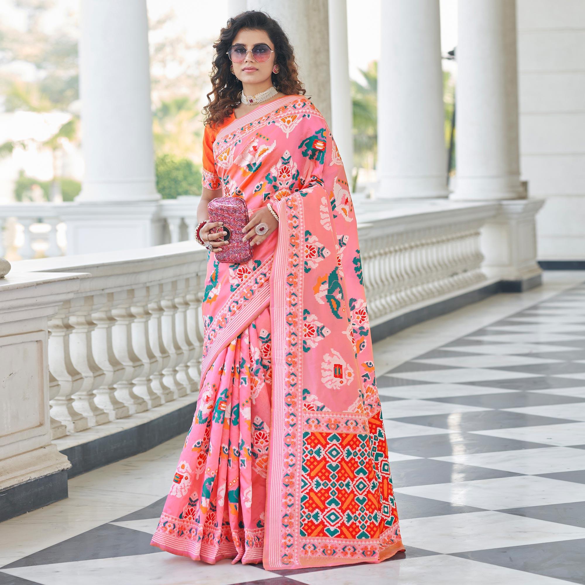 Pink Festive Wear Printed With Weaving Patola Silk Saree - Peachmode