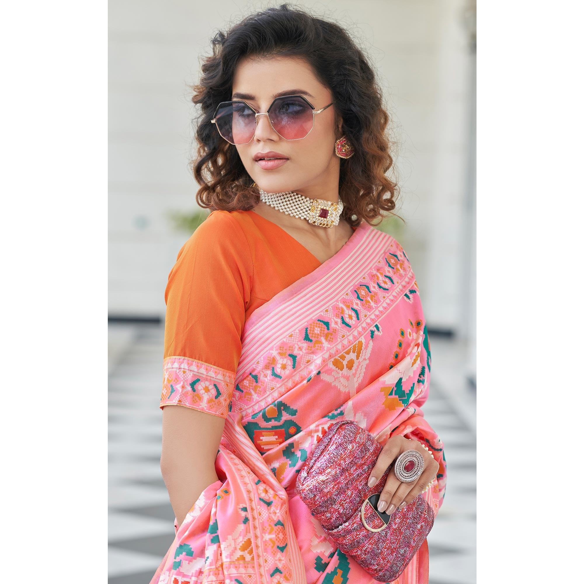 Pink Festive Wear Printed With Weaving Patola Silk Saree - Peachmode