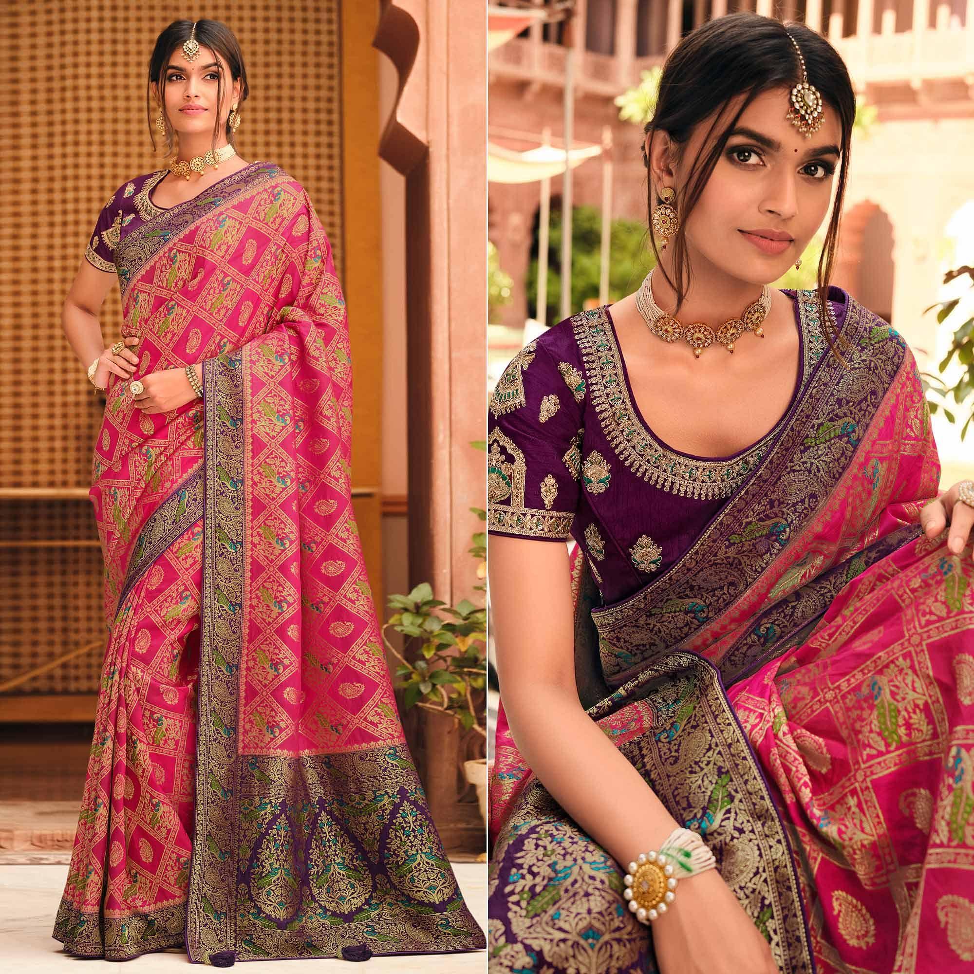 Pink Festive Wear Printed Woven Silk Saree - Peachmode
