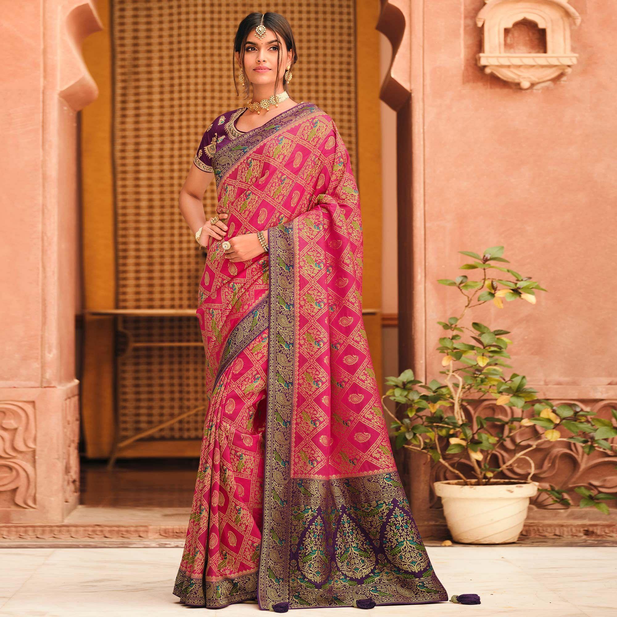 Pink Festive Wear Printed Woven Silk Saree - Peachmode