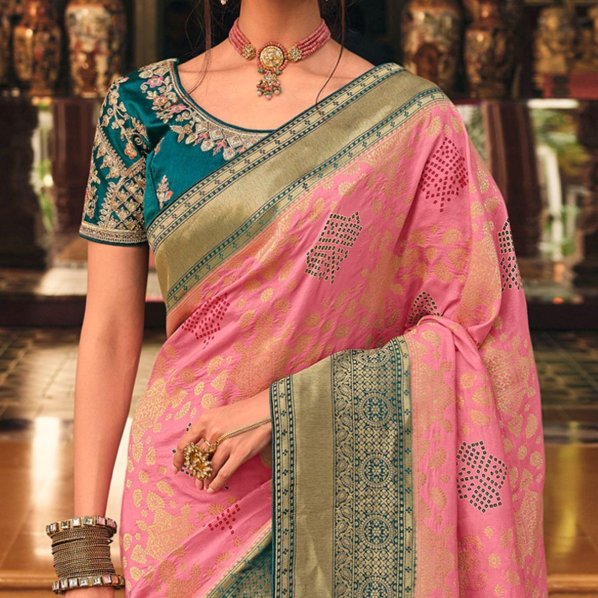 Pink Festive Wear Printed Woven Silk Saree - Peachmode