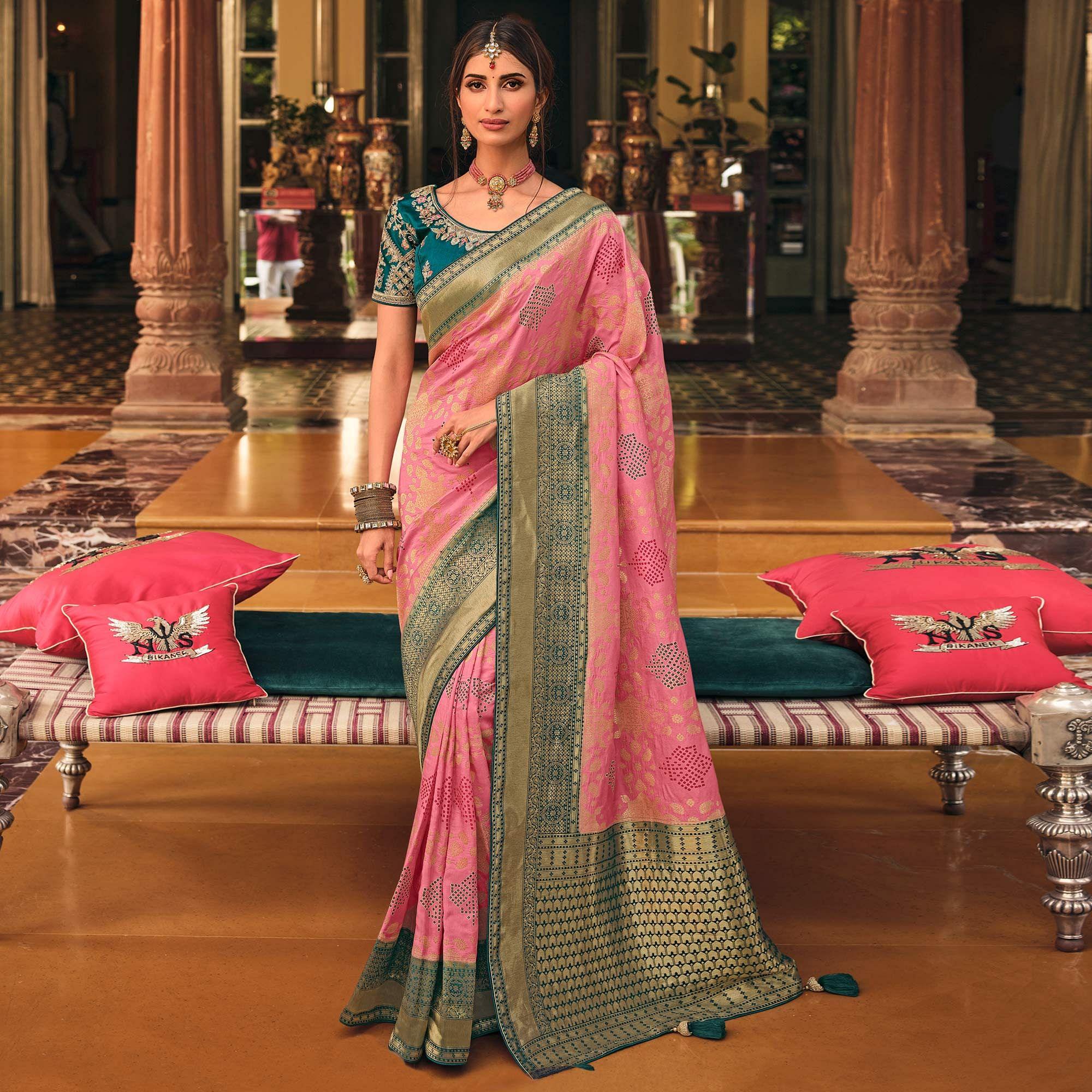 Pink Festive Wear Printed Woven Silk Saree - Peachmode