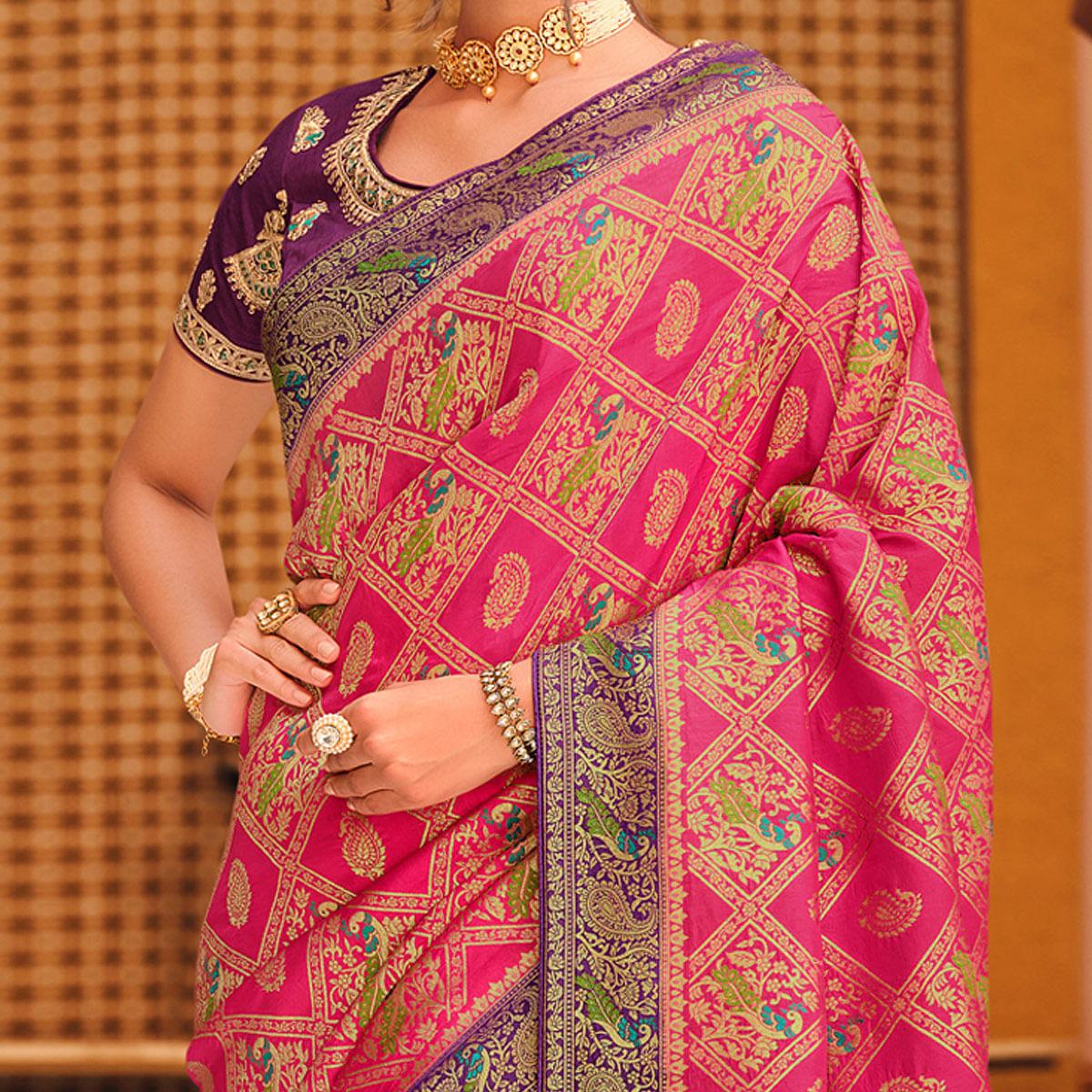 Pink Festive Wear Printed Woven Silk Saree - Peachmode