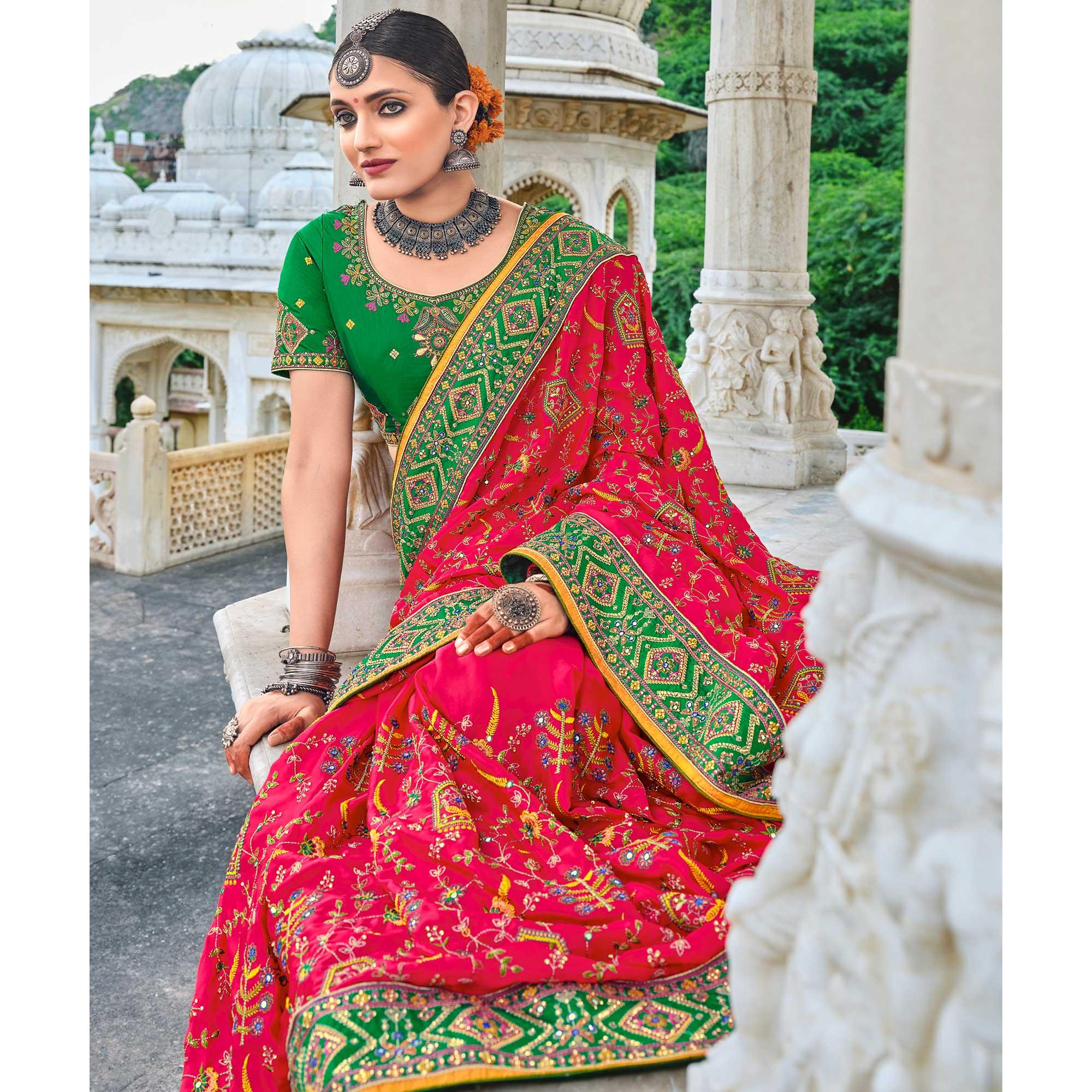 Pink Festive Wear Pure Kachhi Embellished Pure Satin Saree - Peachmode