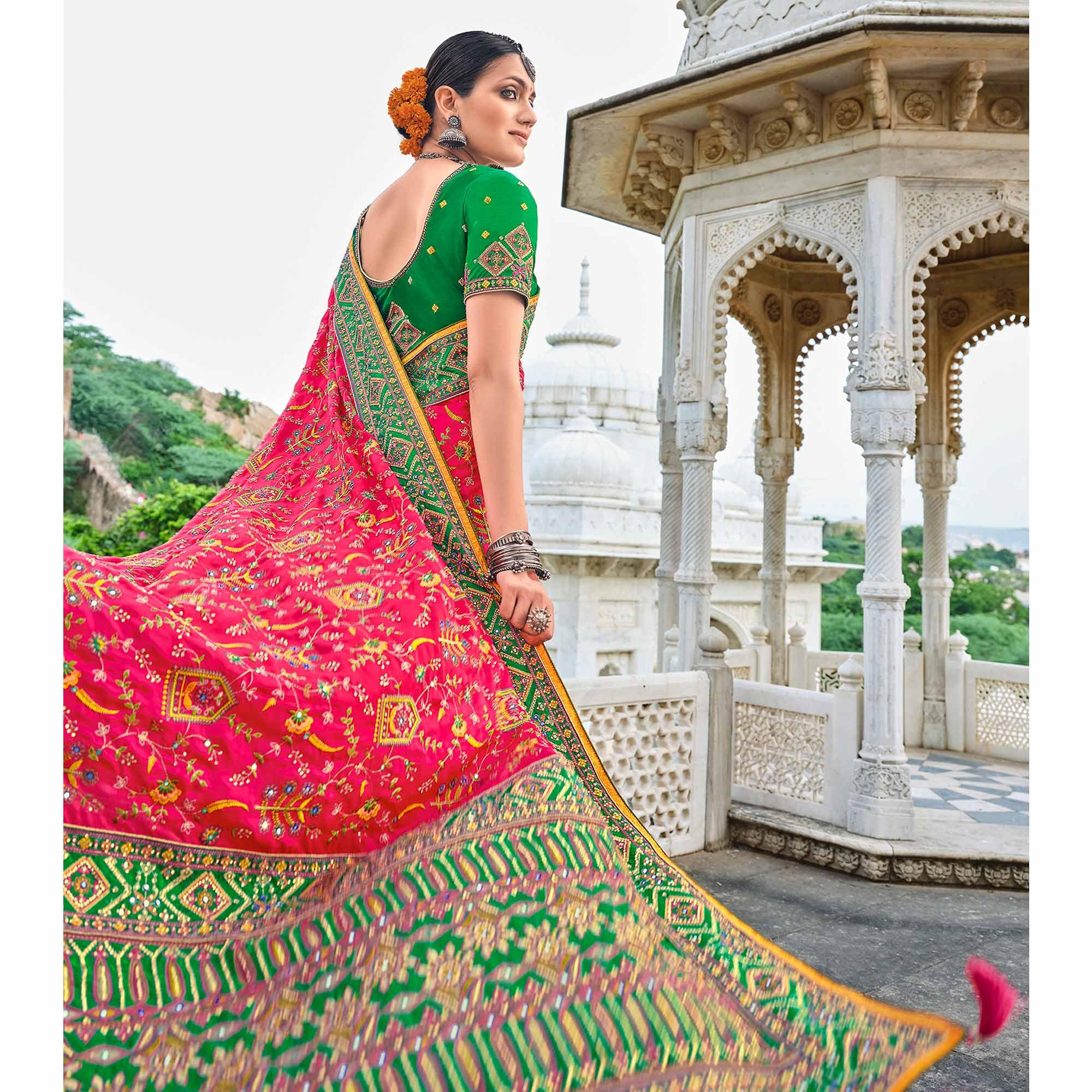 Pink Festive Wear Pure Kachhi Embellished Pure Satin Saree - Peachmode