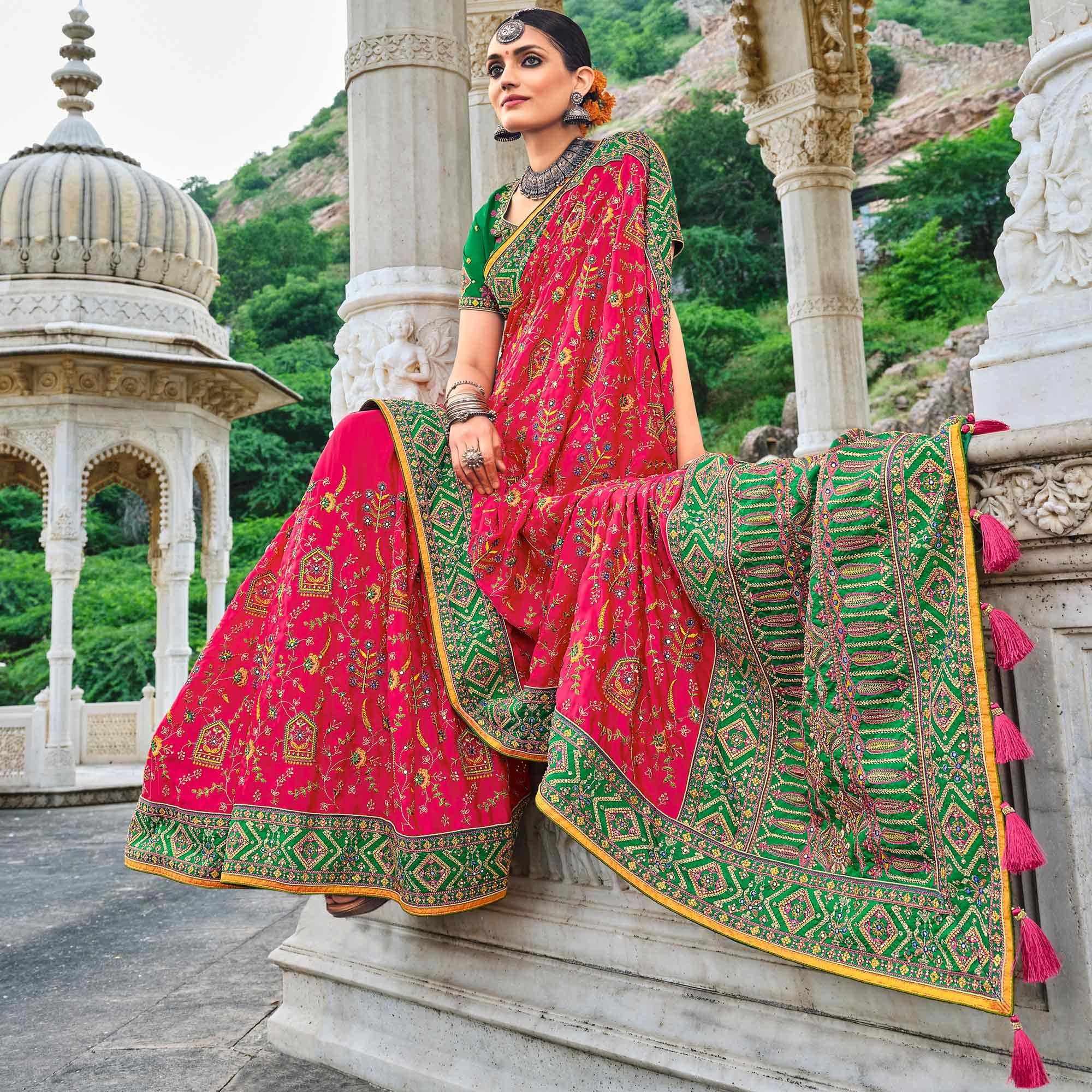Pink Festive Wear Pure Kachhi Embellished Pure Satin Saree - Peachmode