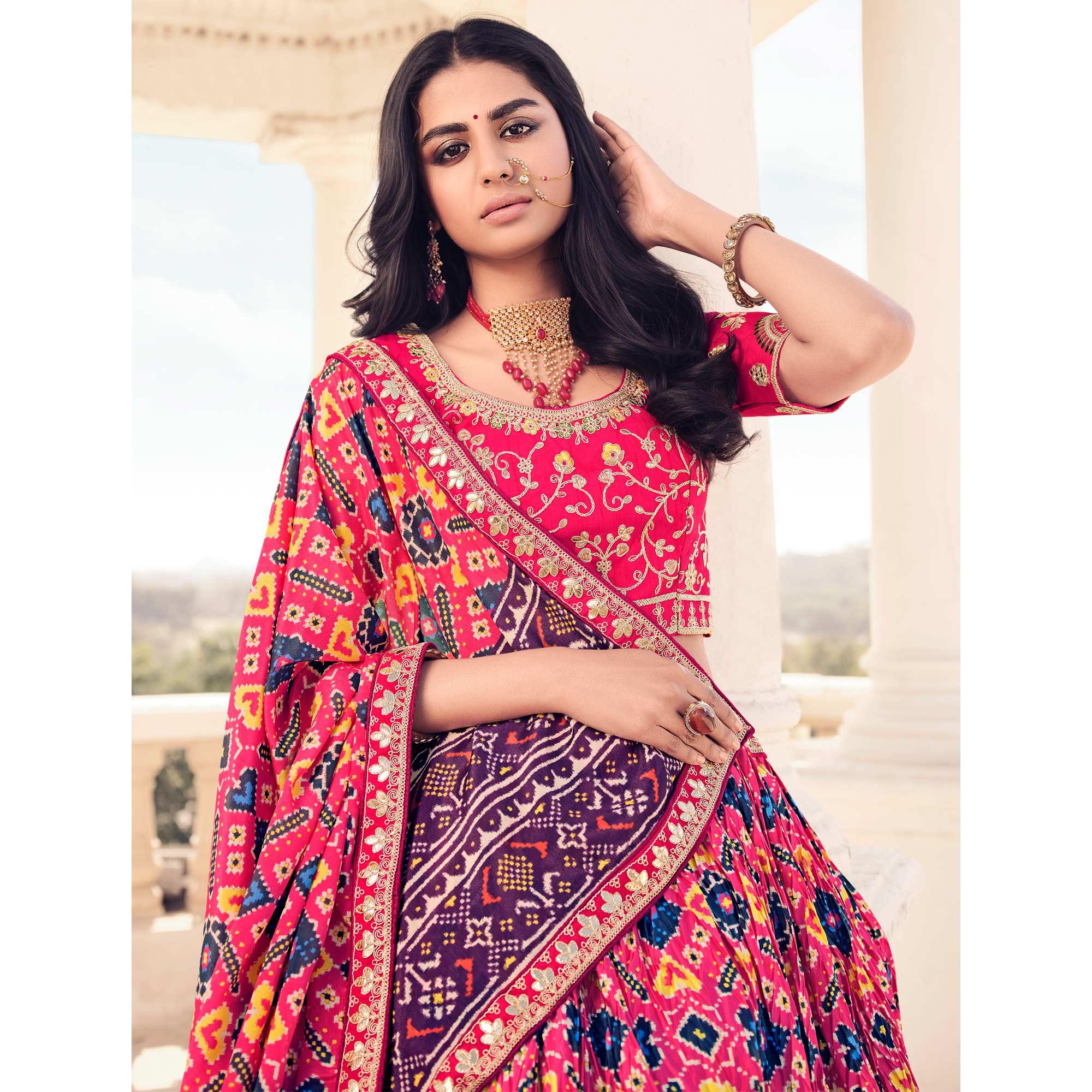 Pink Festive Wear Satin Digital Geometrical Printed Lehenga Choli - Peachmode