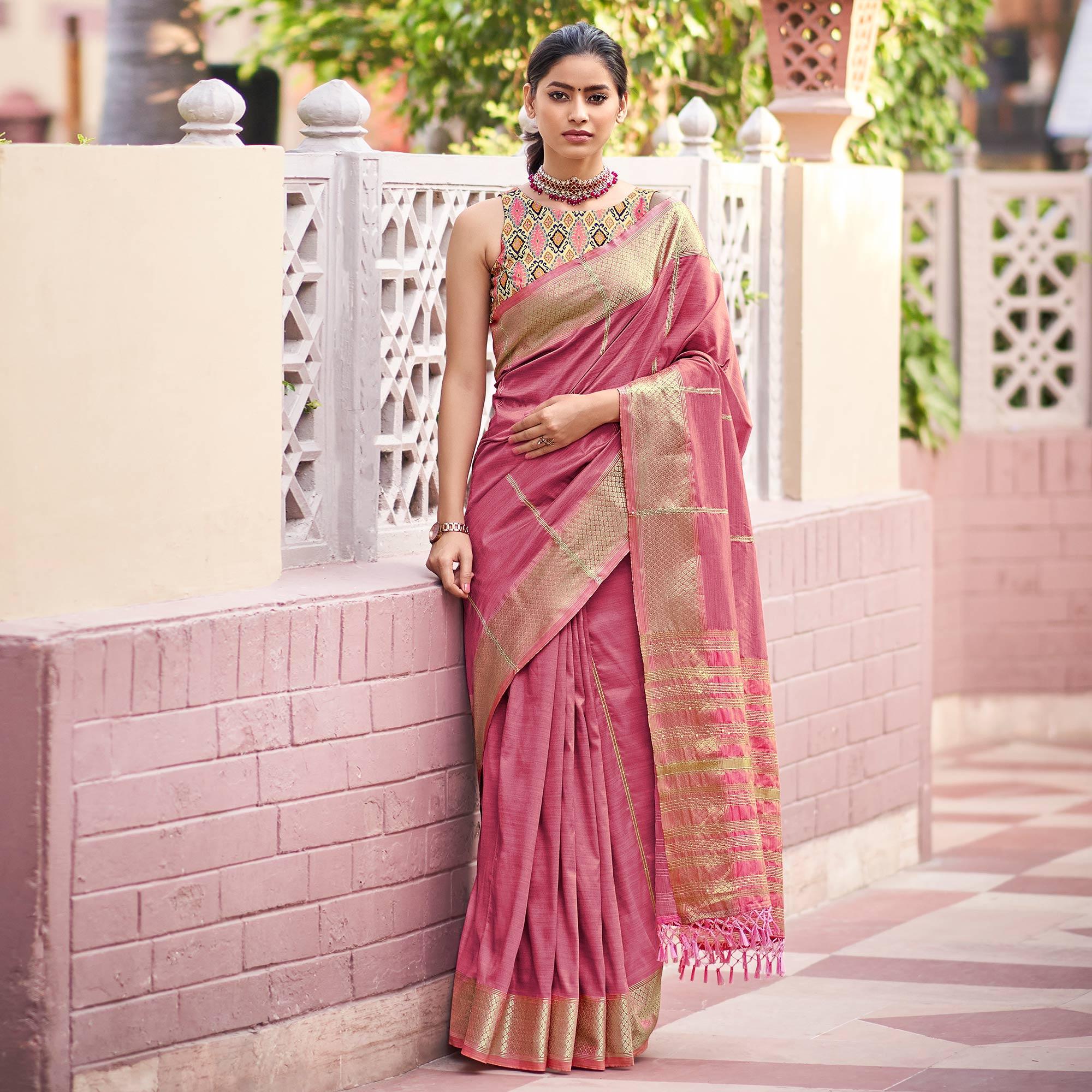 Pink Festive Wear Sequence Digital Work Silk Saree - Peachmode