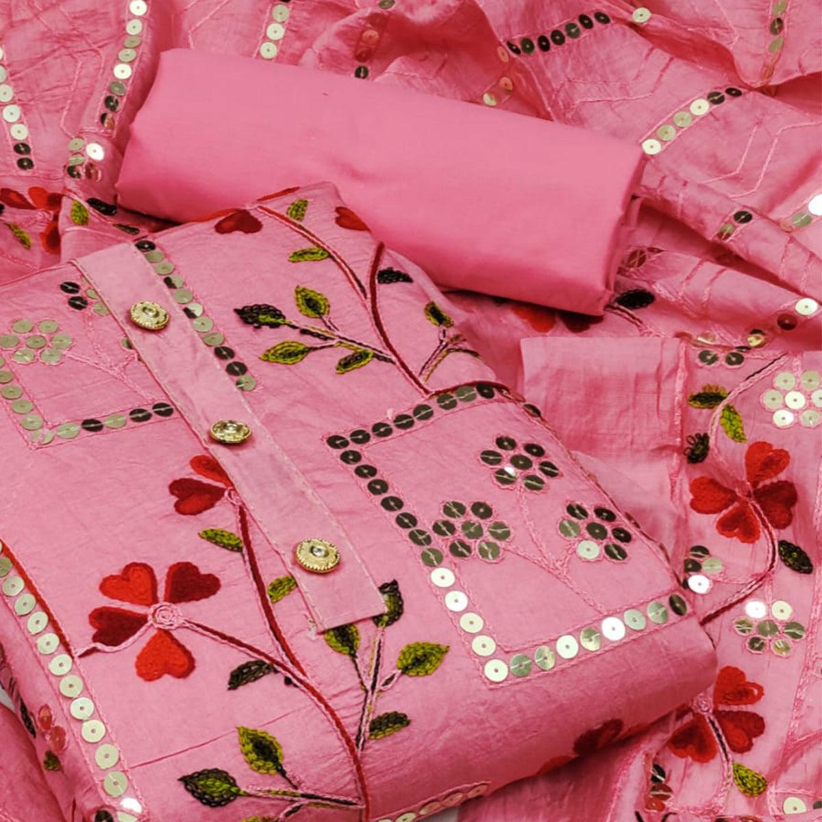 Pink Festive Wear Sequence Embroidered Chanderi Dress Material - Peachmode