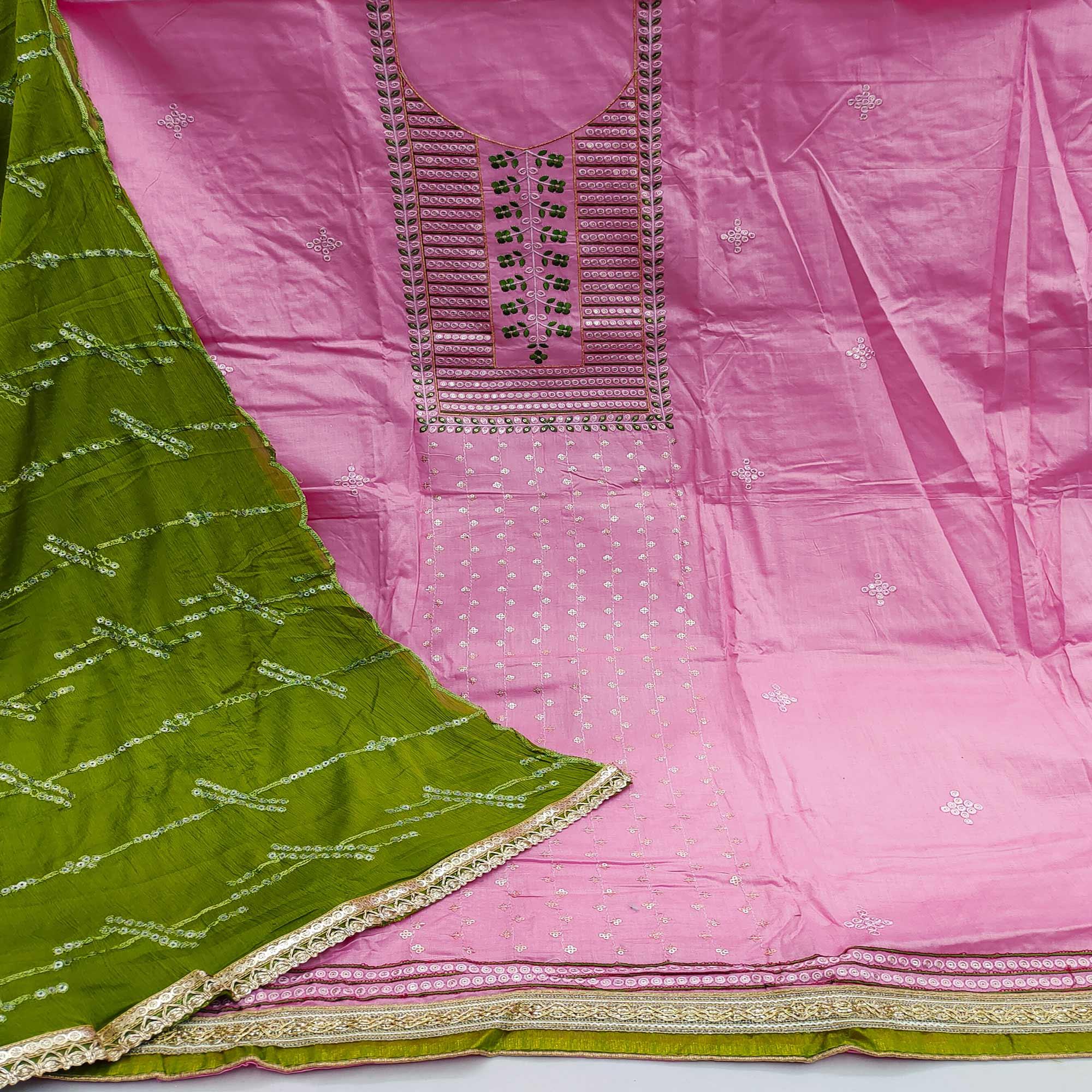 Pink Festive Wear Sequence Embroidered Cotton Dress Material - Peachmode