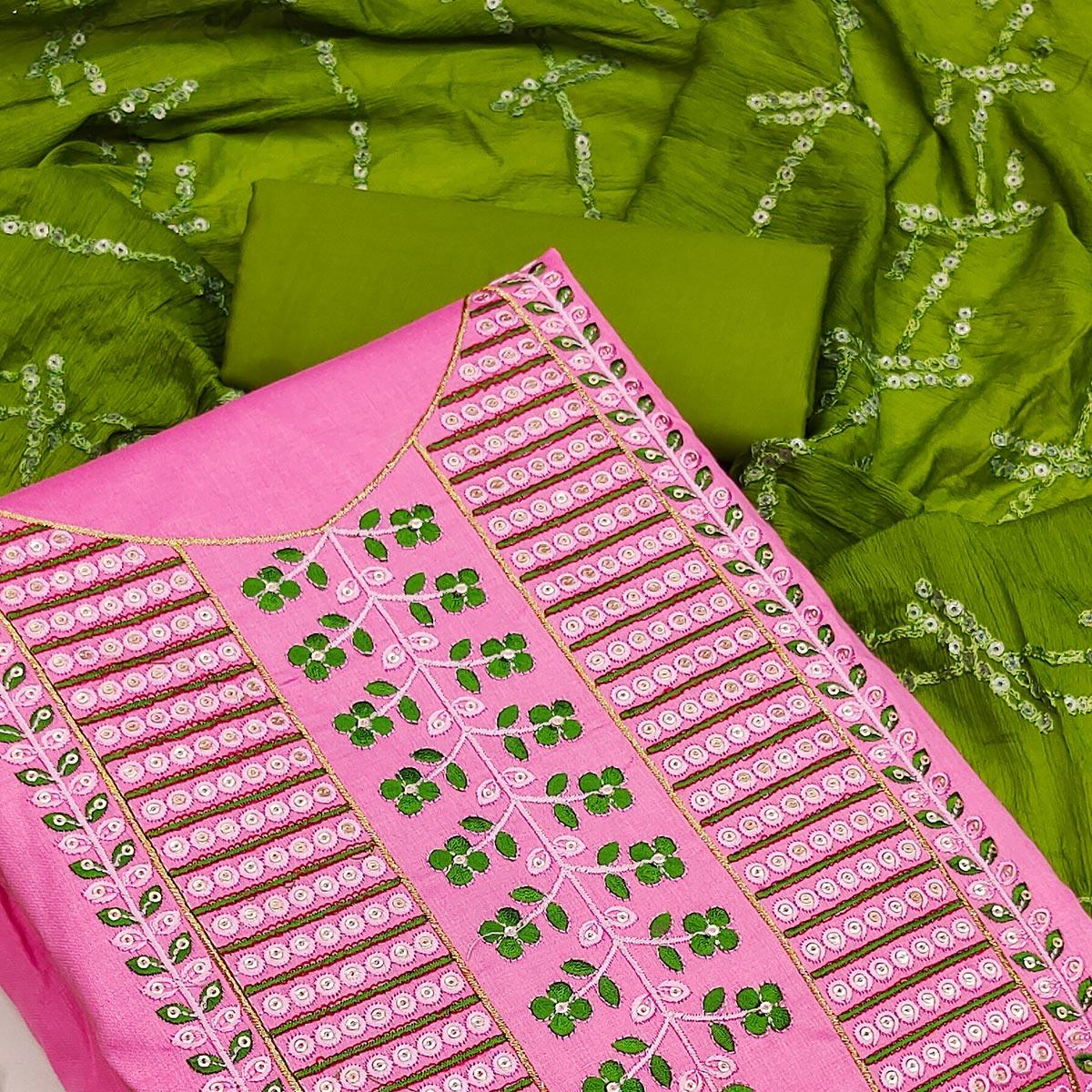Pink Festive Wear Sequence Embroidered Cotton Dress Material - Peachmode