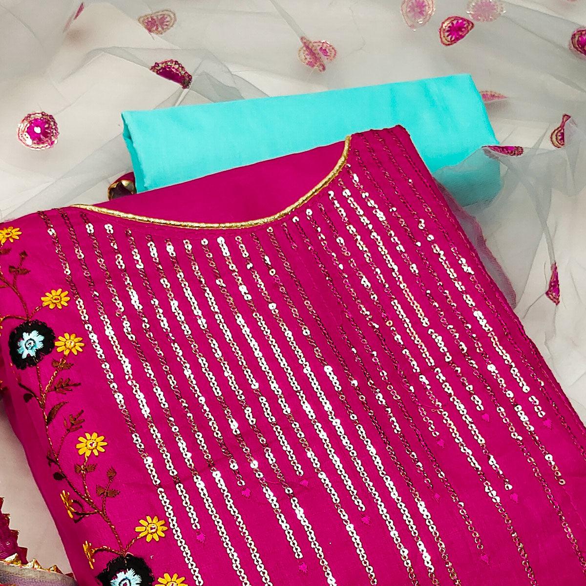 Pink Festive Wear Sequence With Floral Embroidered Cotton Dress Material - Peachmode