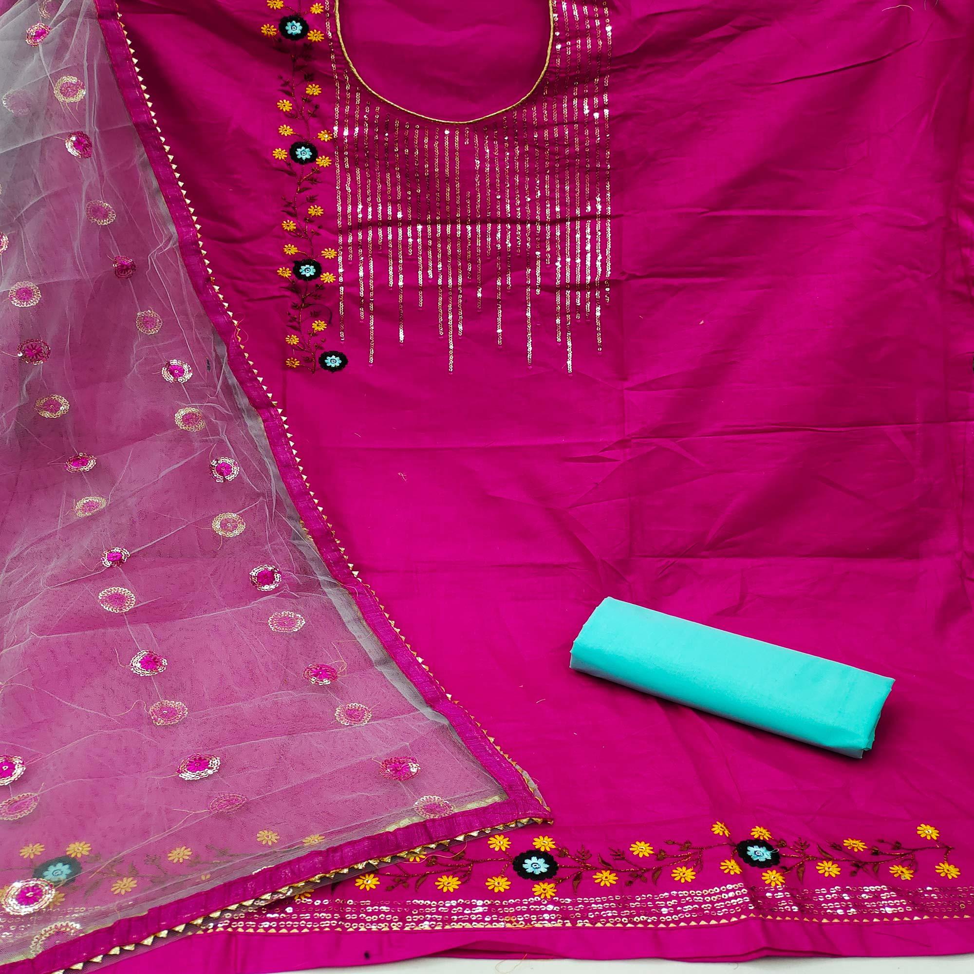 Pink Festive Wear Sequence With Floral Embroidered Cotton Dress Material - Peachmode
