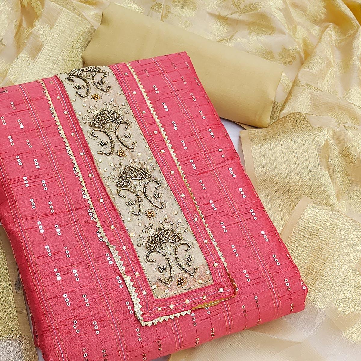 Pink Festive Wear Sequence Work Chanderi Dress Material - Peachmode