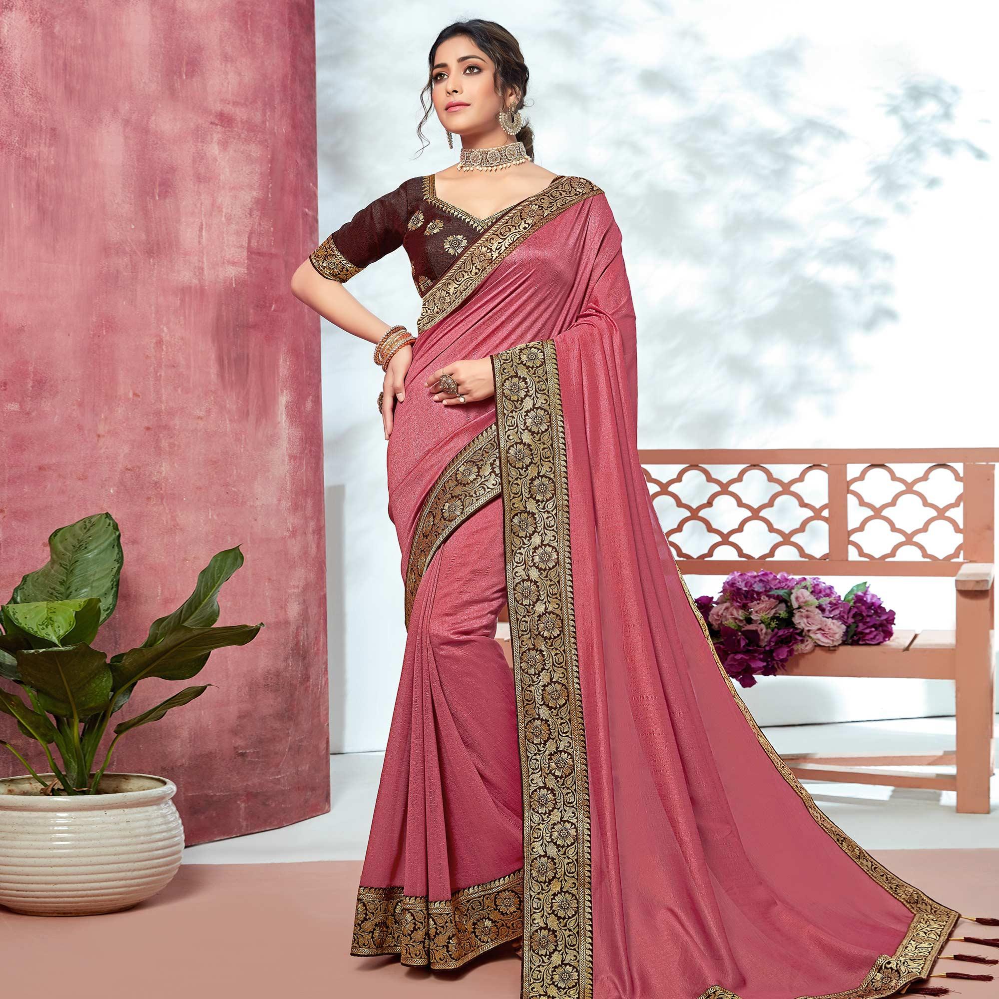 Pink Festive Wear Silk Saree With Embroidered Border - Peachmode