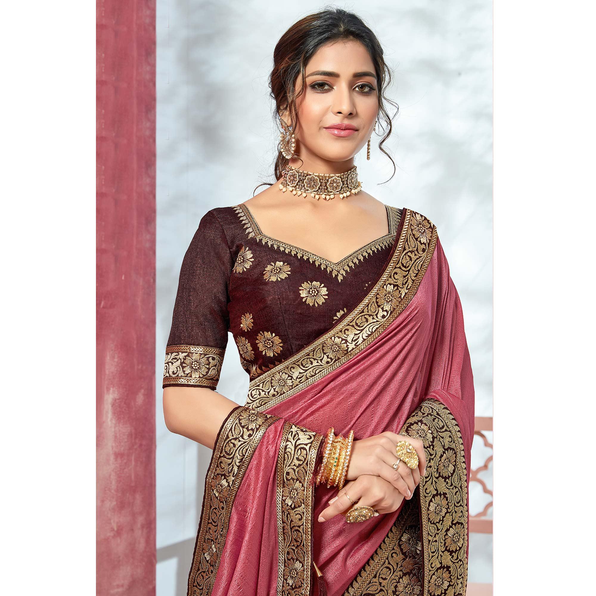 Pink Festive Wear Silk Saree With Embroidered Border - Peachmode