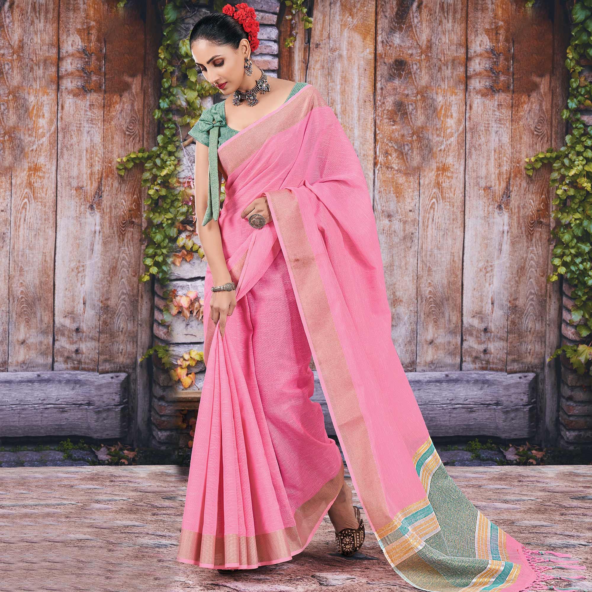 Pink Festive Wear Solid Linen Saree - Peachmode