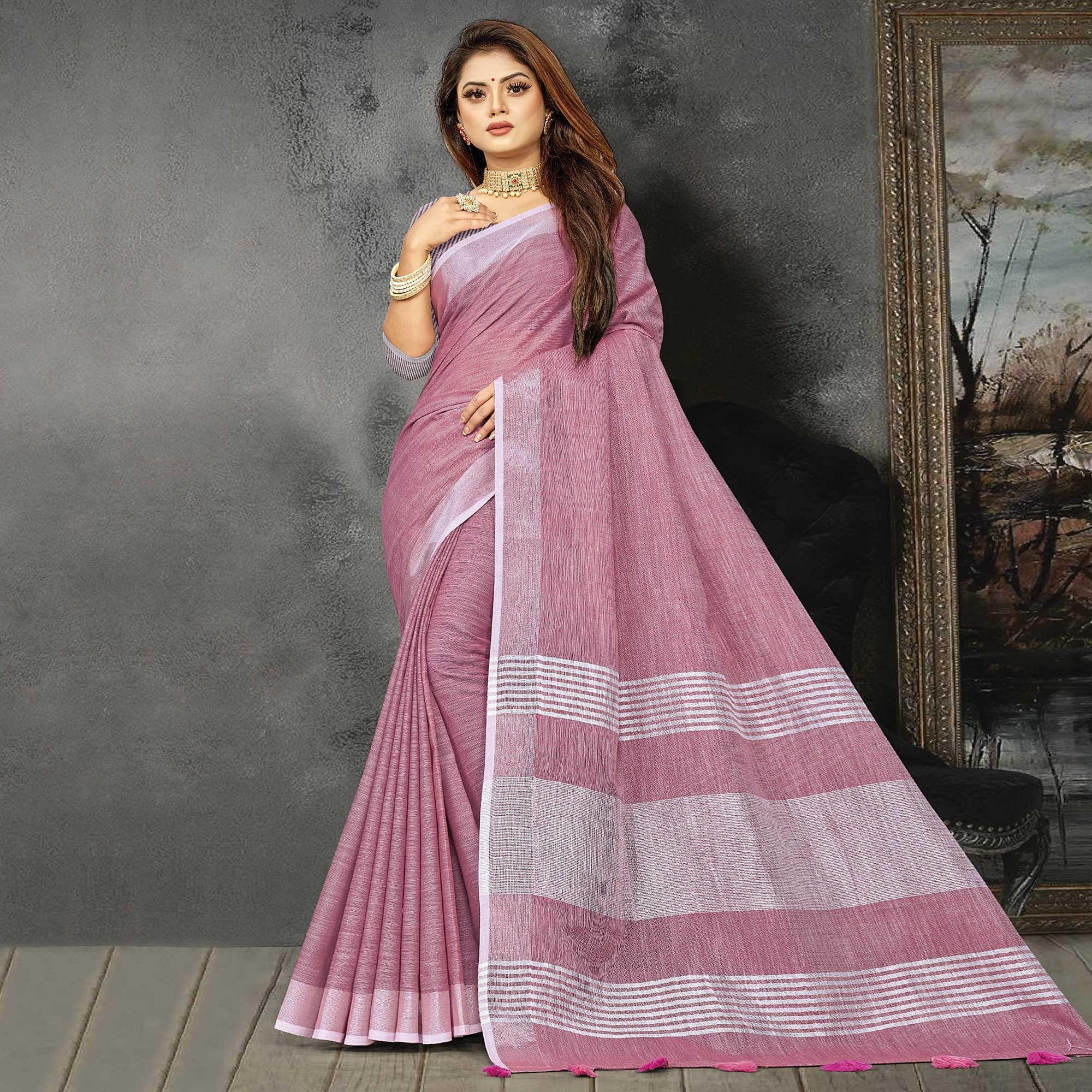 Pink Festive Wear Solid Linen Saree - Peachmode