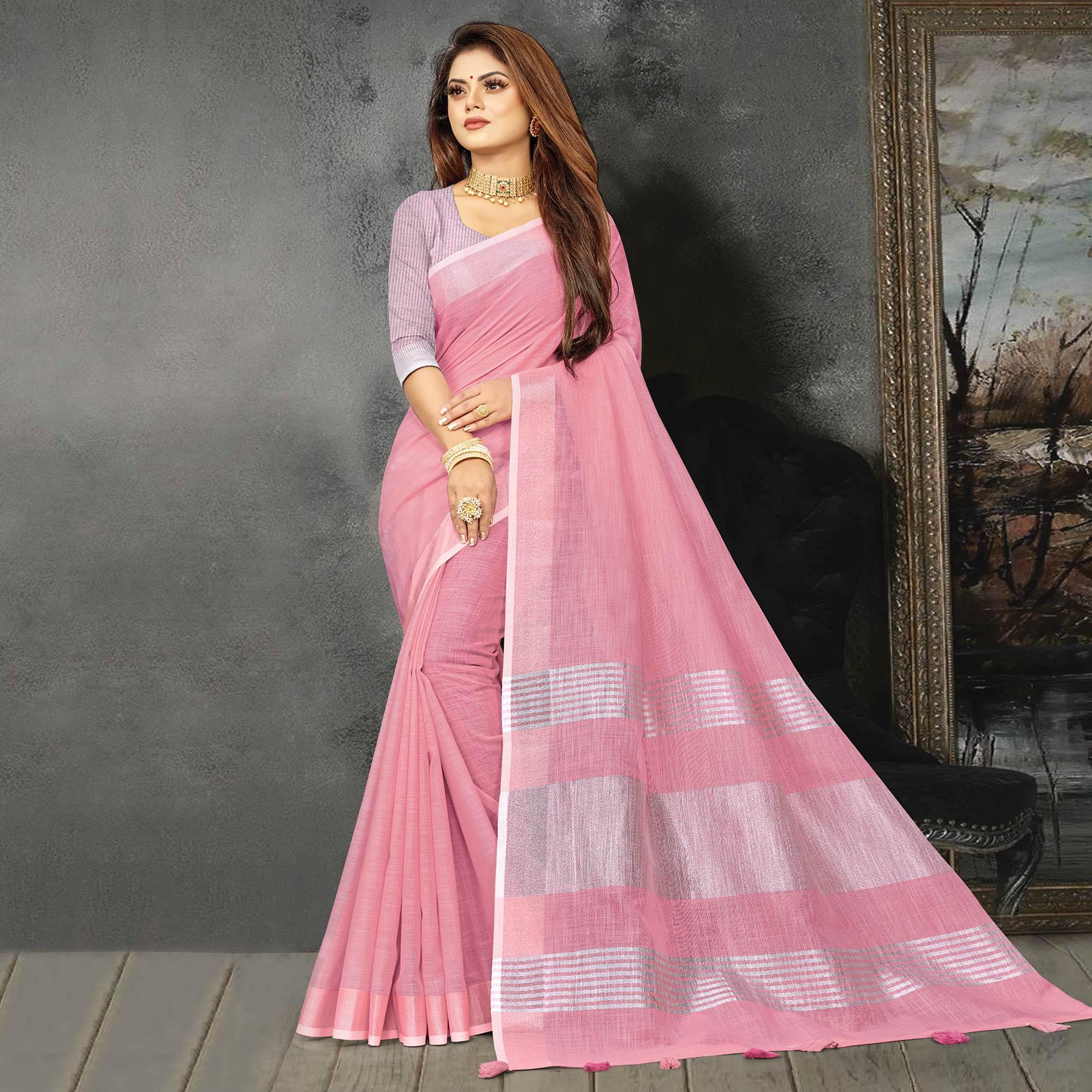 Pink Festive Wear Solid Linen Saree - Peachmode