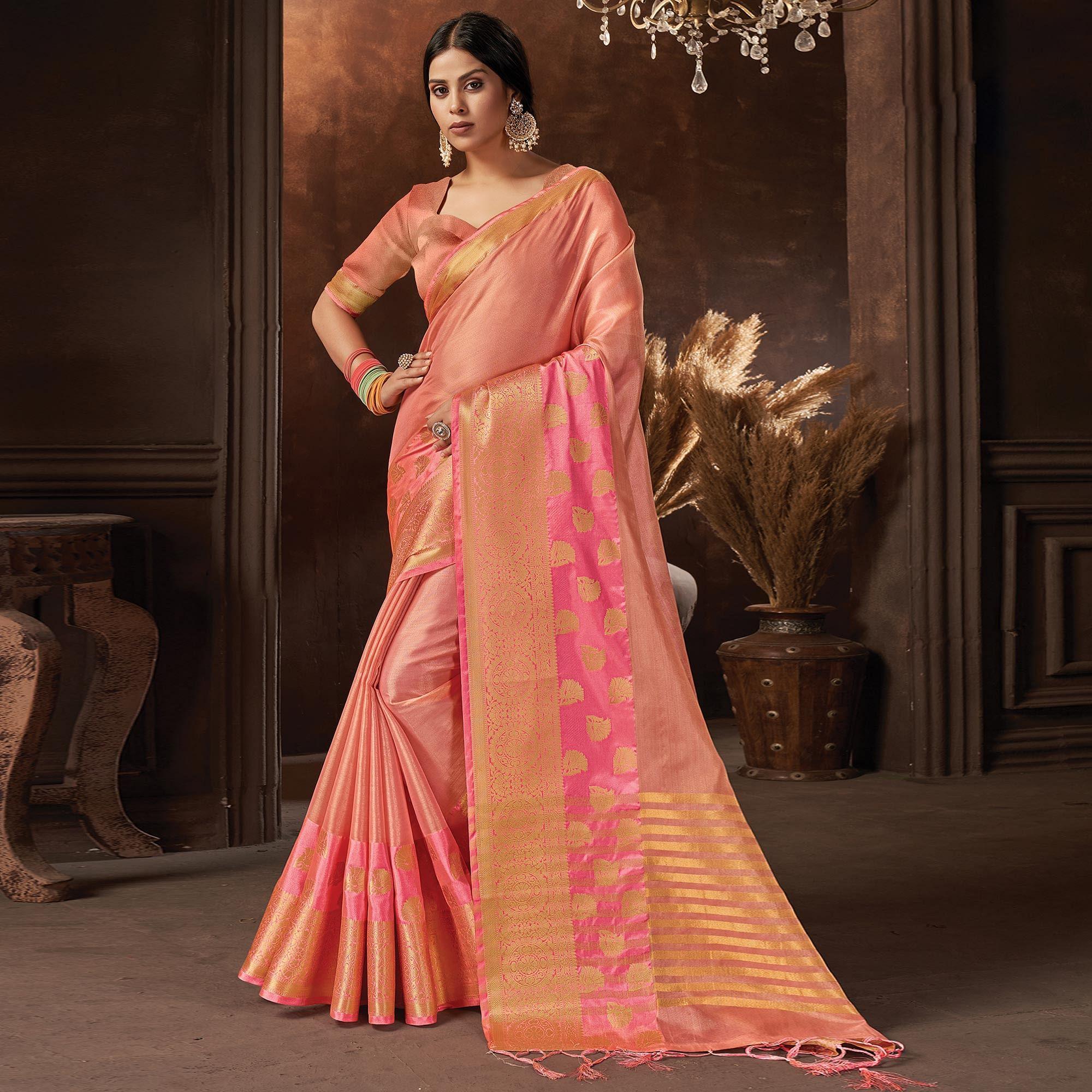 Pink Festive Wear Solid Organza Saree With Tassels - Peachmode