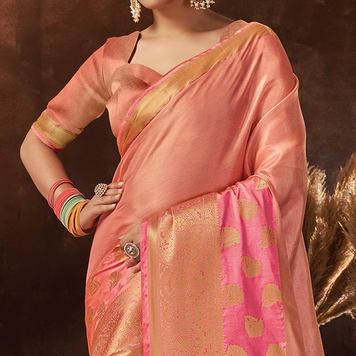 Pink Festive Wear Solid Organza Saree With Tassels - Peachmode