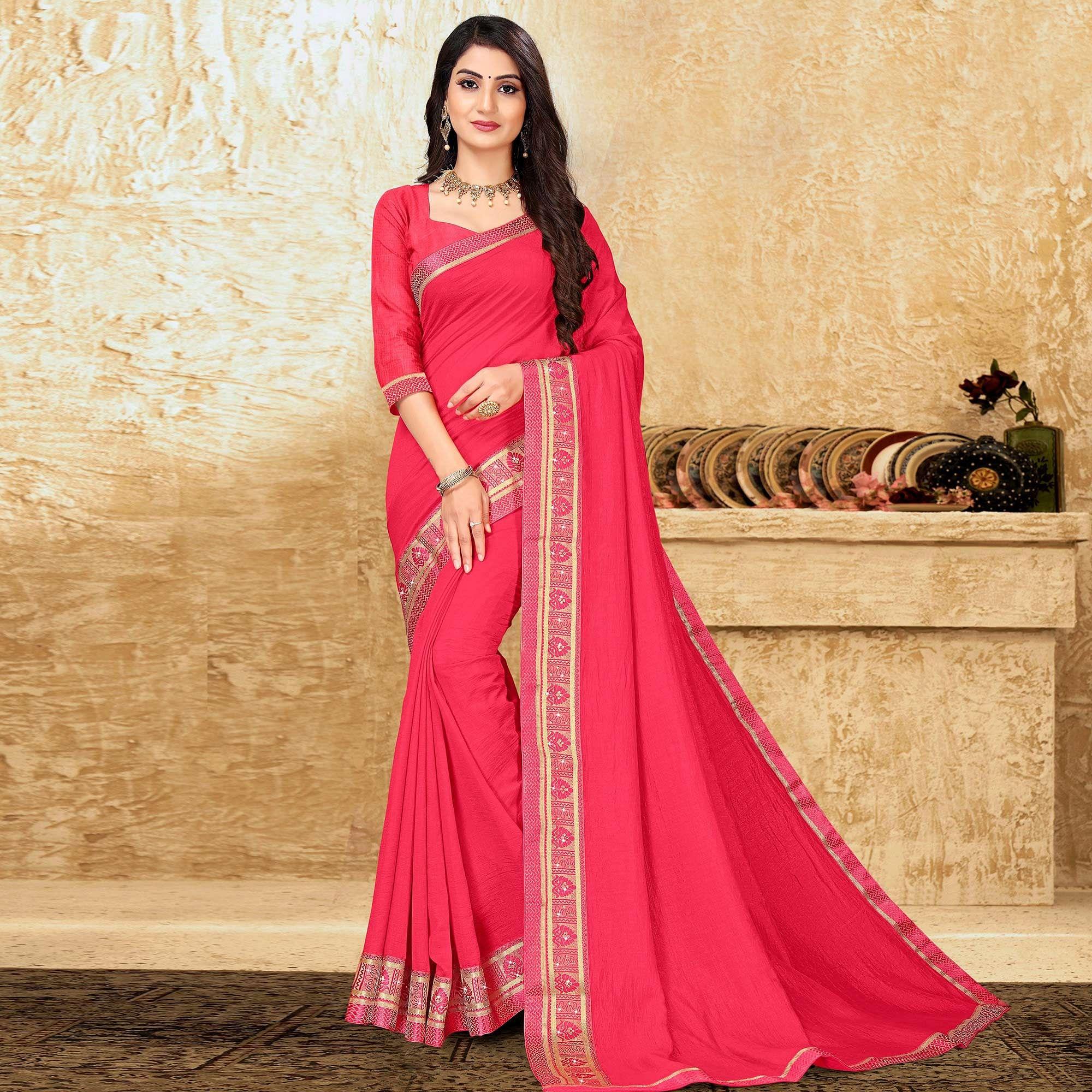 Pink Festive Wear Solid Vichitra Silk Saree - Peachmode