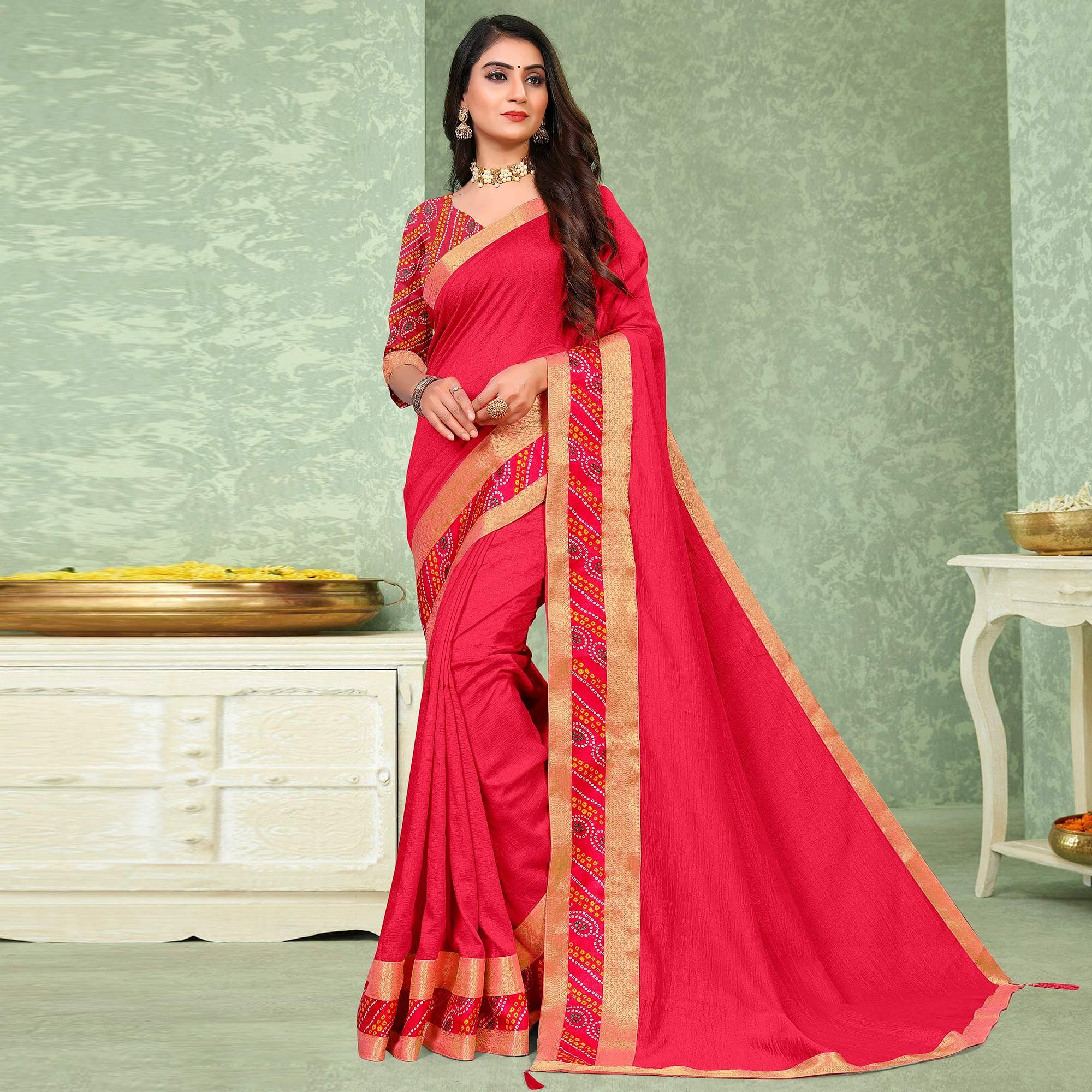 Pink Festive Wear Solid Vichitra Silk Saree - Peachmode
