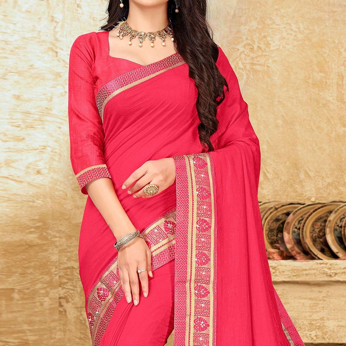 Pink Festive Wear Solid Vichitra Silk Saree - Peachmode