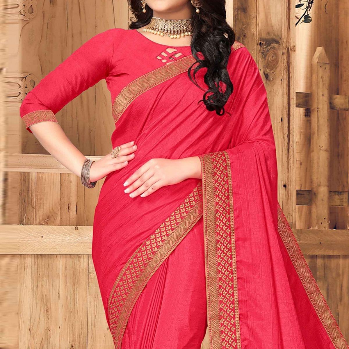 Pink Festive Wear Solid Vichitra Silk Saree - Peachmode