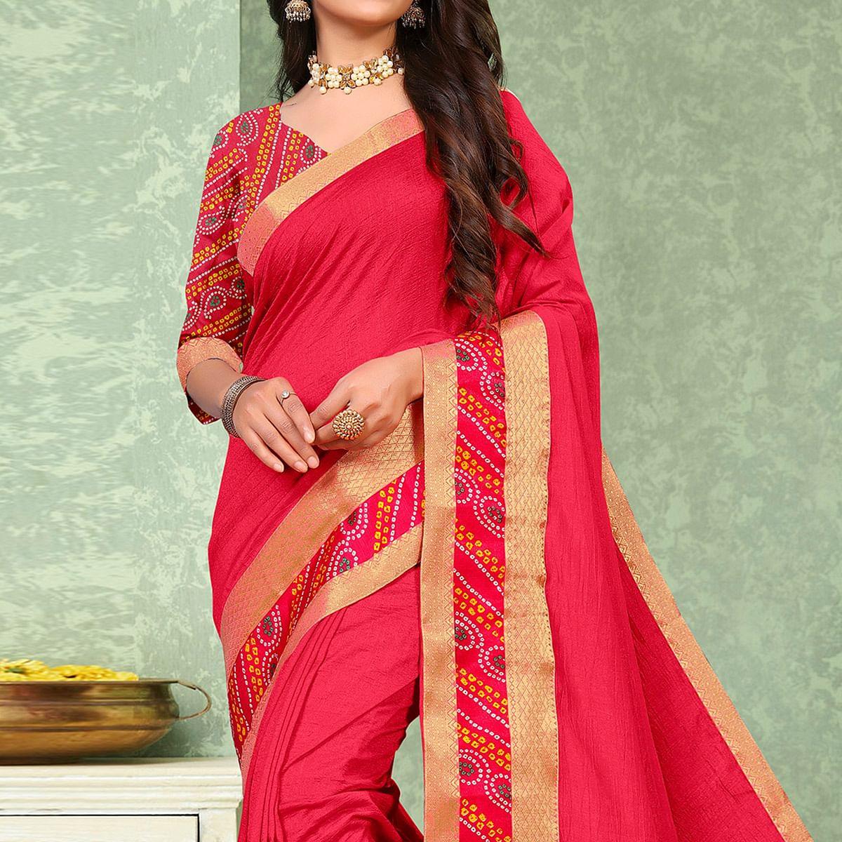 Pink Festive Wear Solid Vichitra Silk Saree - Peachmode