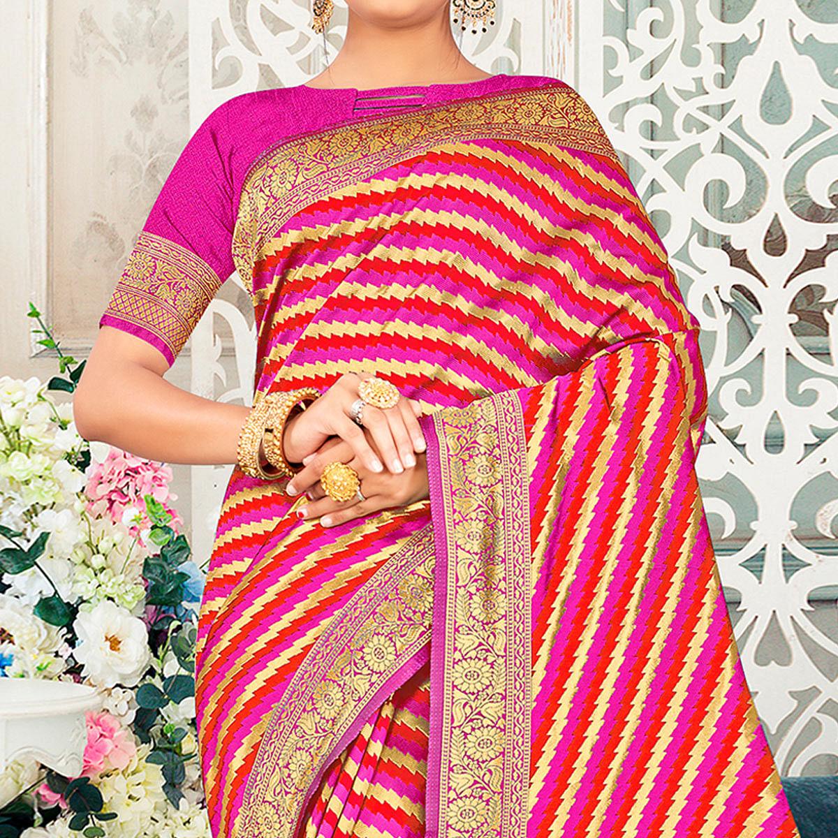 Pink Festive Wear Stripe Printed Art Silk Saree - Peachmode