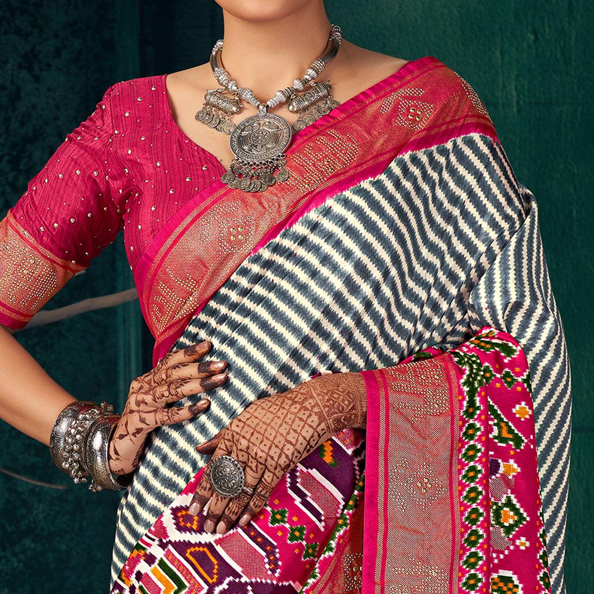 Pink Festive Wear Striped Printed With Foil Border Dola Silk Saree - Peachmode