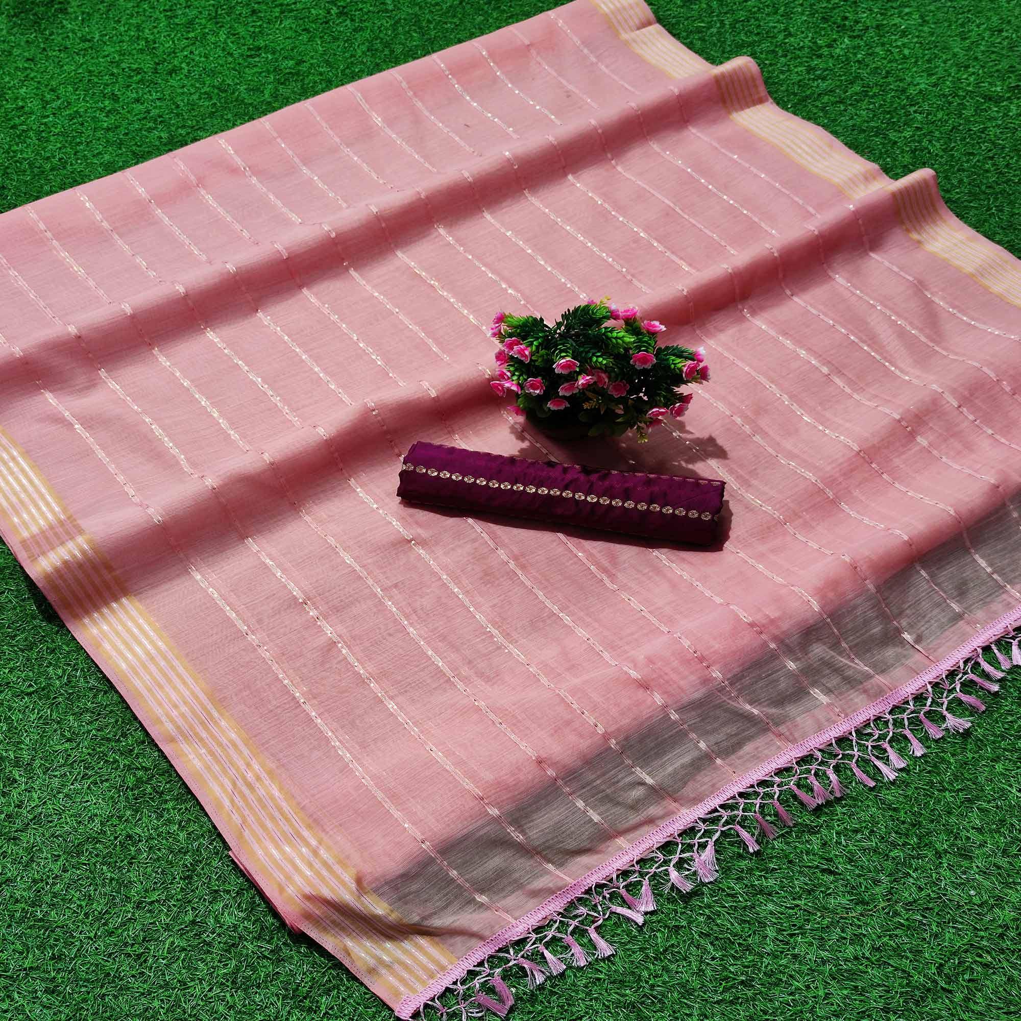 Pink Festive Wear Stripes With Sequence Woven Work Cotton Saree - Peachmode