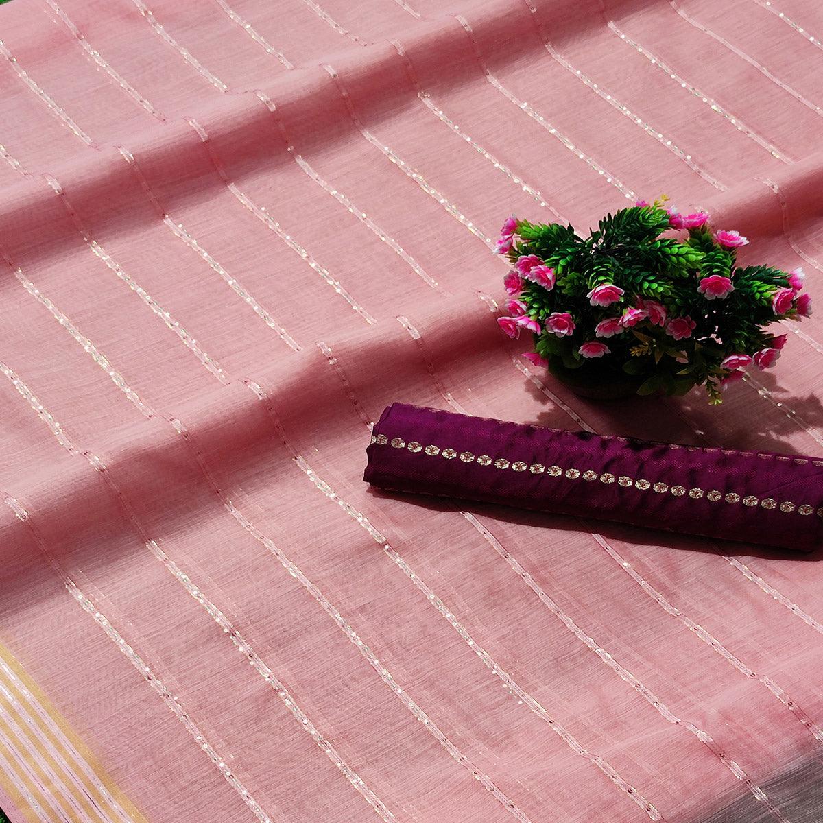 Pink Festive Wear Stripes With Sequence Woven Work Cotton Saree - Peachmode