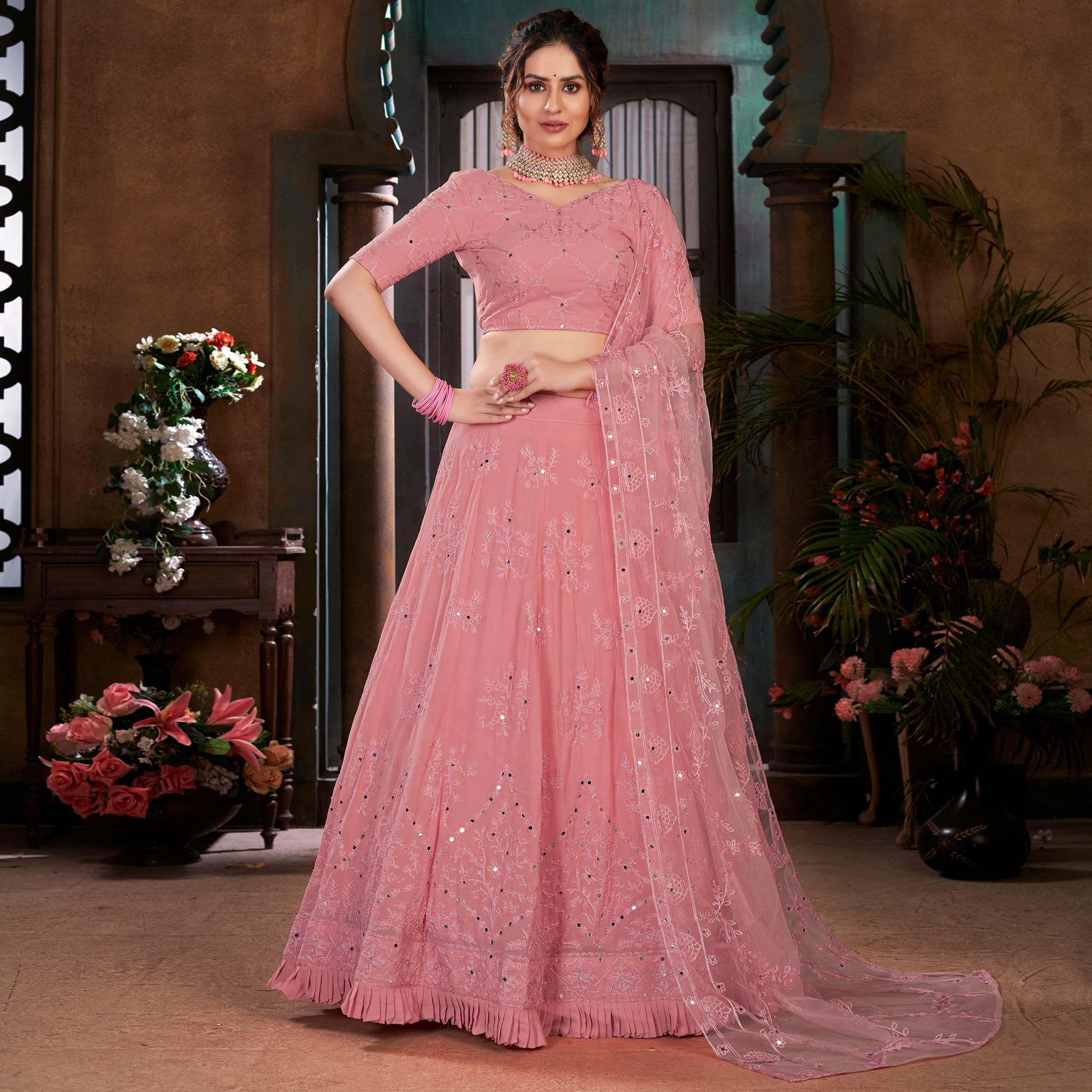 Pink Festive Wear Thread Embroidered With Mirror Pasting Georgette Lehenga Choli - Peachmode