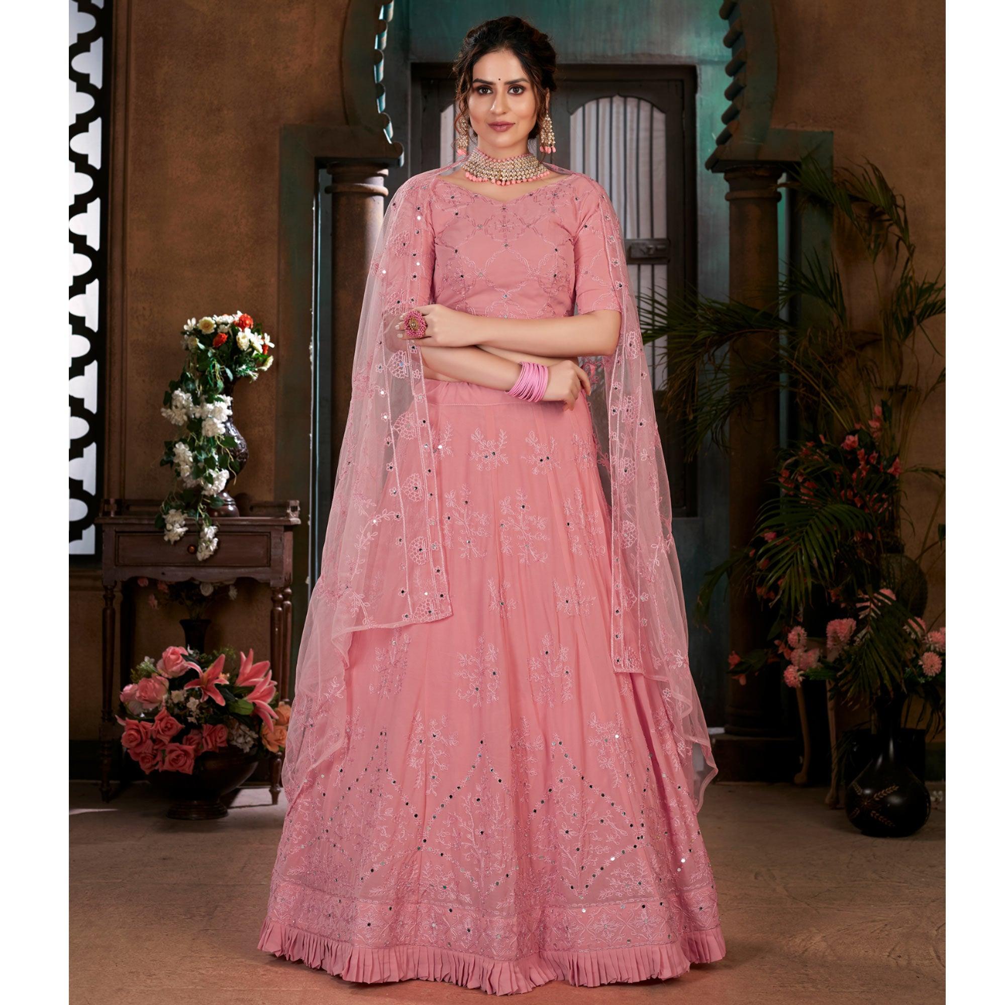 Pink Festive Wear Thread Embroidered With Mirror Pasting Georgette Lehenga Choli - Peachmode