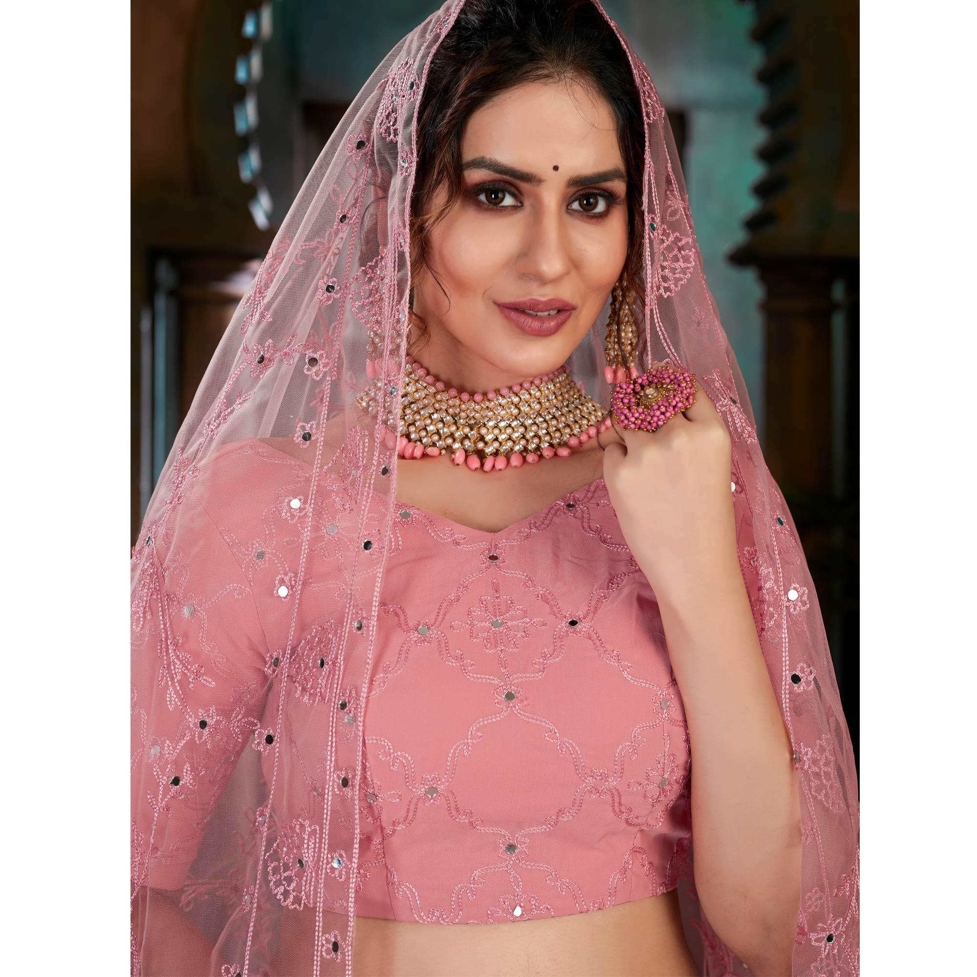 Pink Festive Wear Thread Embroidered With Mirror Pasting Georgette Lehenga Choli - Peachmode