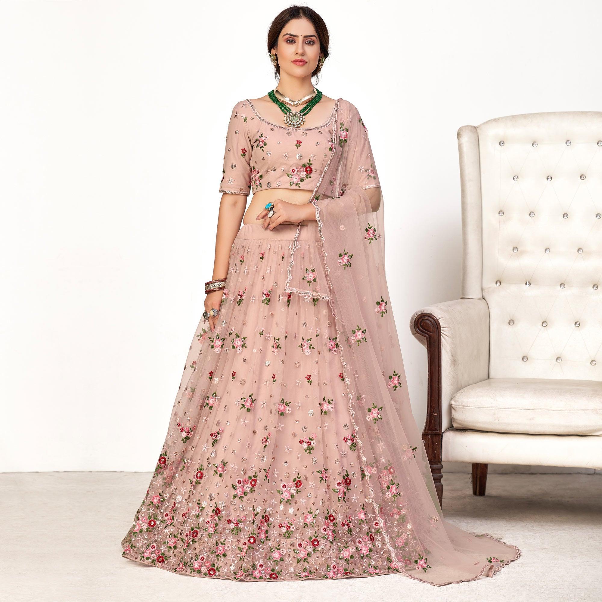 Pink Festive Wear Thread With Floral Sequence Embroidered Net Lehenga Choli - Peachmode