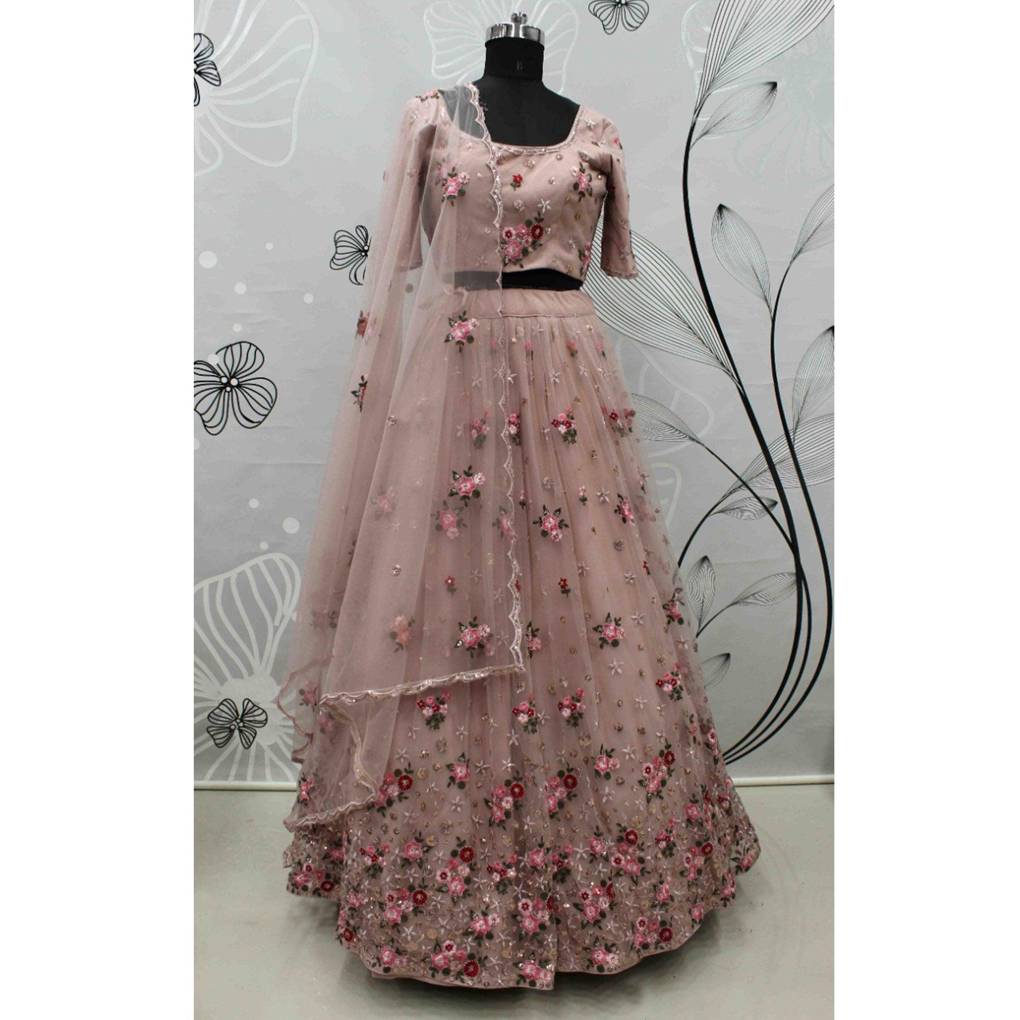 Pink Festive Wear Thread With Floral Sequence Embroidered Net Lehenga Choli - Peachmode
