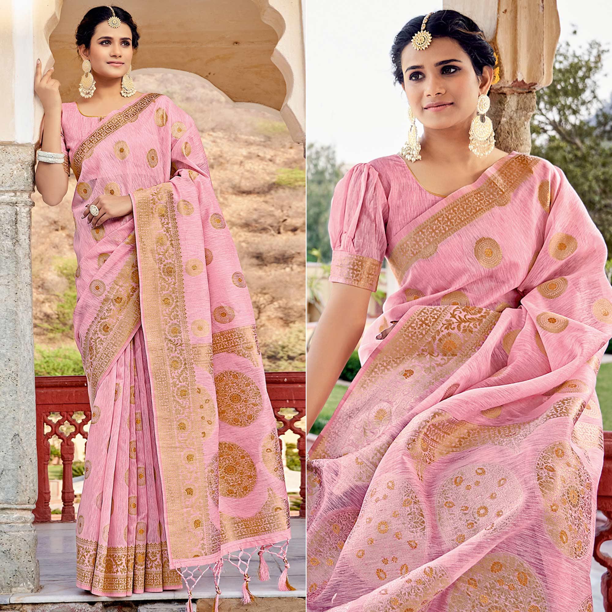 Pink Festive Wear Weaving Work Linen Saree With Tassels - Peachmode